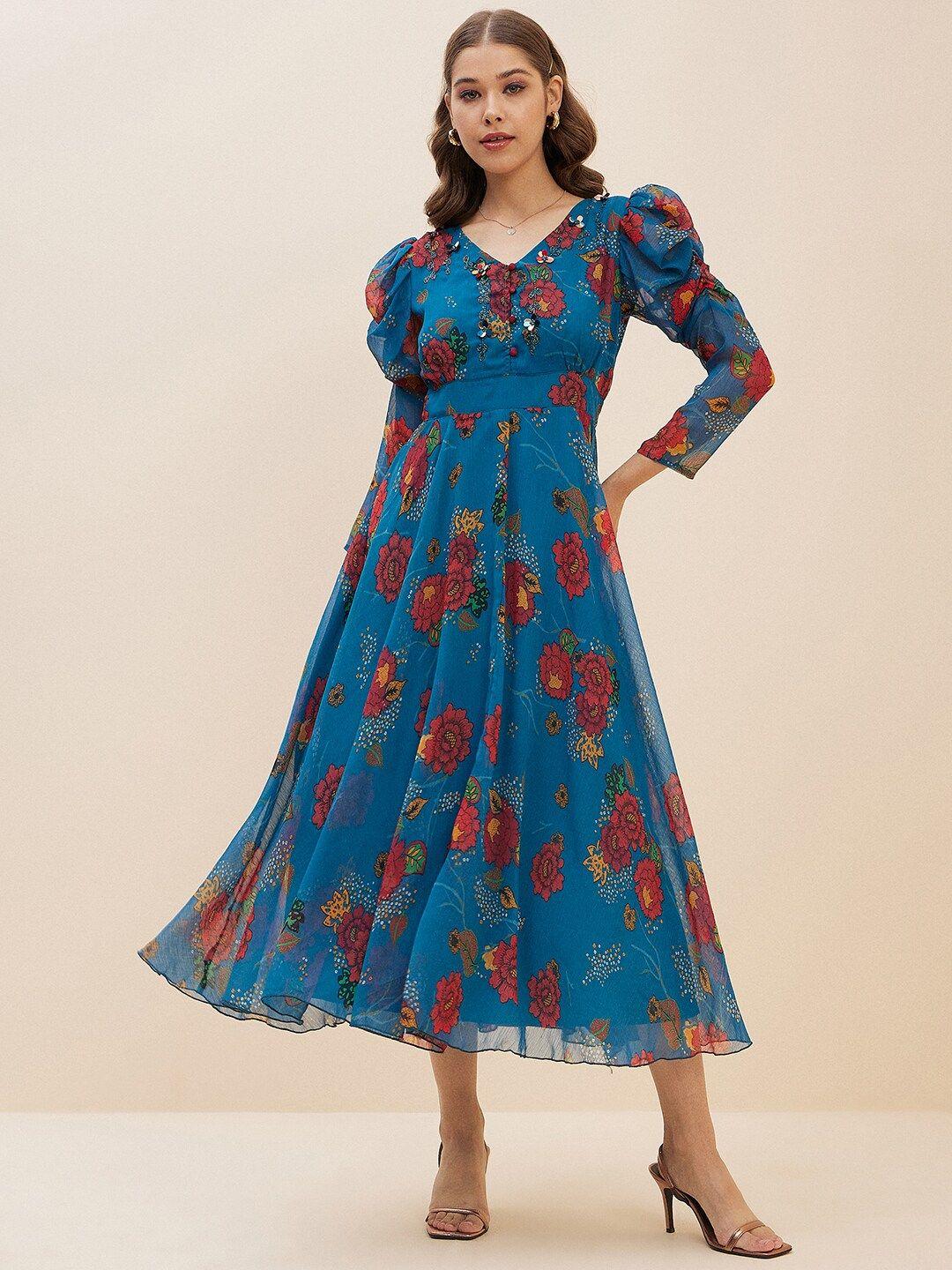 antheaa teal floral print puff sleeve chiffon maxi dress