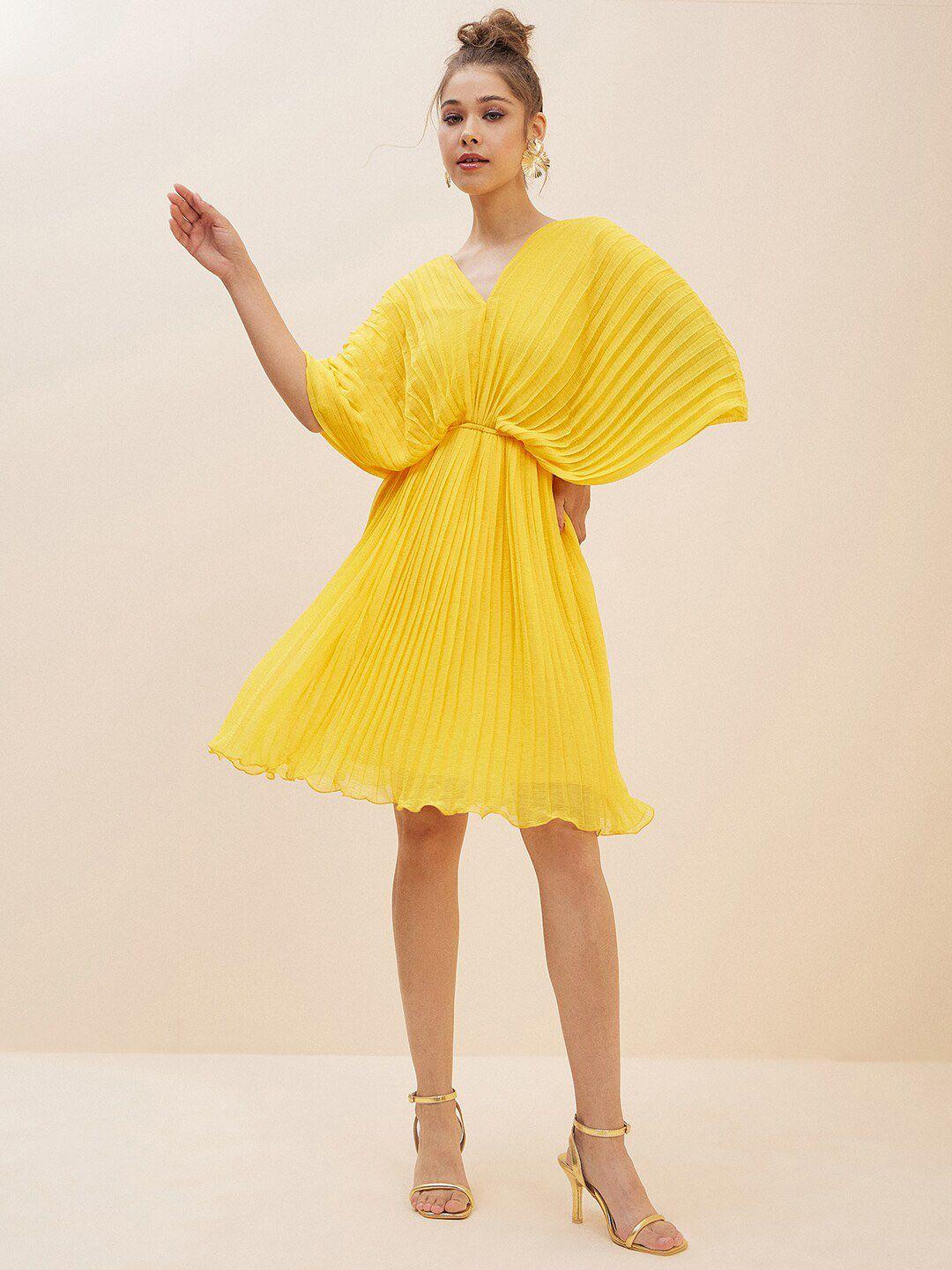 antheaa yellow checked chiffon fit & flare dress