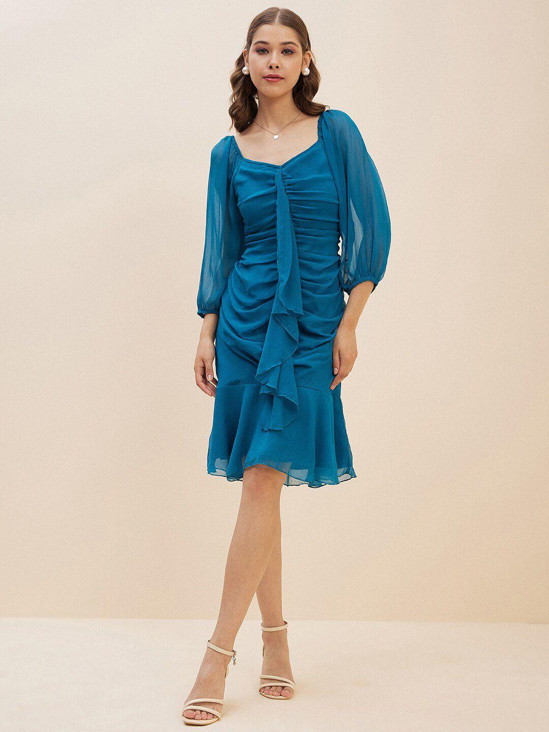 antheaa teal puff sleeve chiffon a-line dress