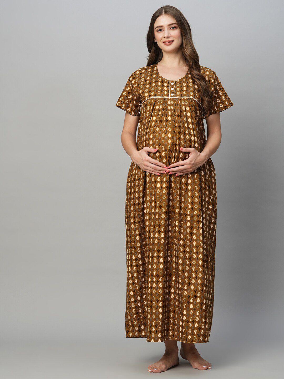 momtobe ethnic motifs printed pure cotton maternity maxi nightdress