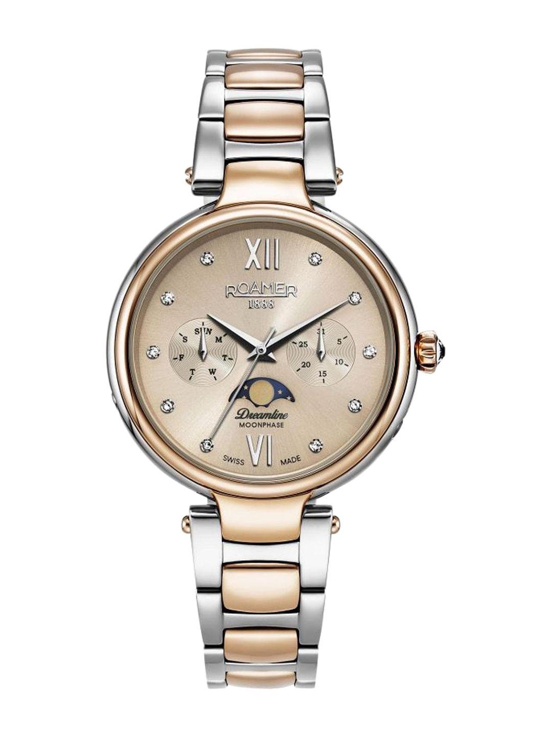 roamer women rose gold-toned embellished dial & multicoloured stainless steel bracelet style straps analogue watch