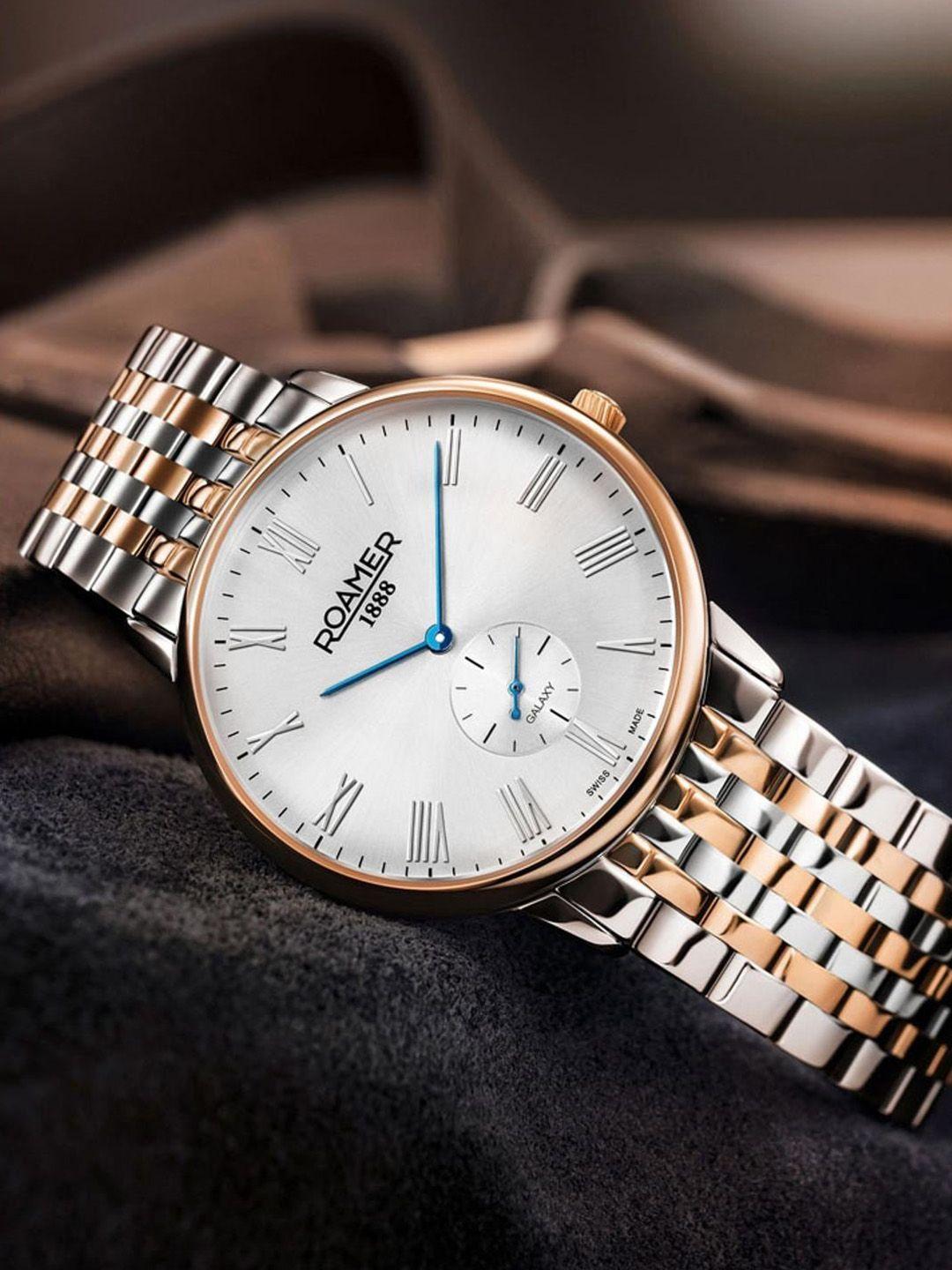 roamer men silver-toned brass dial & silver toned stainless steel bracelet style straps analogue watch