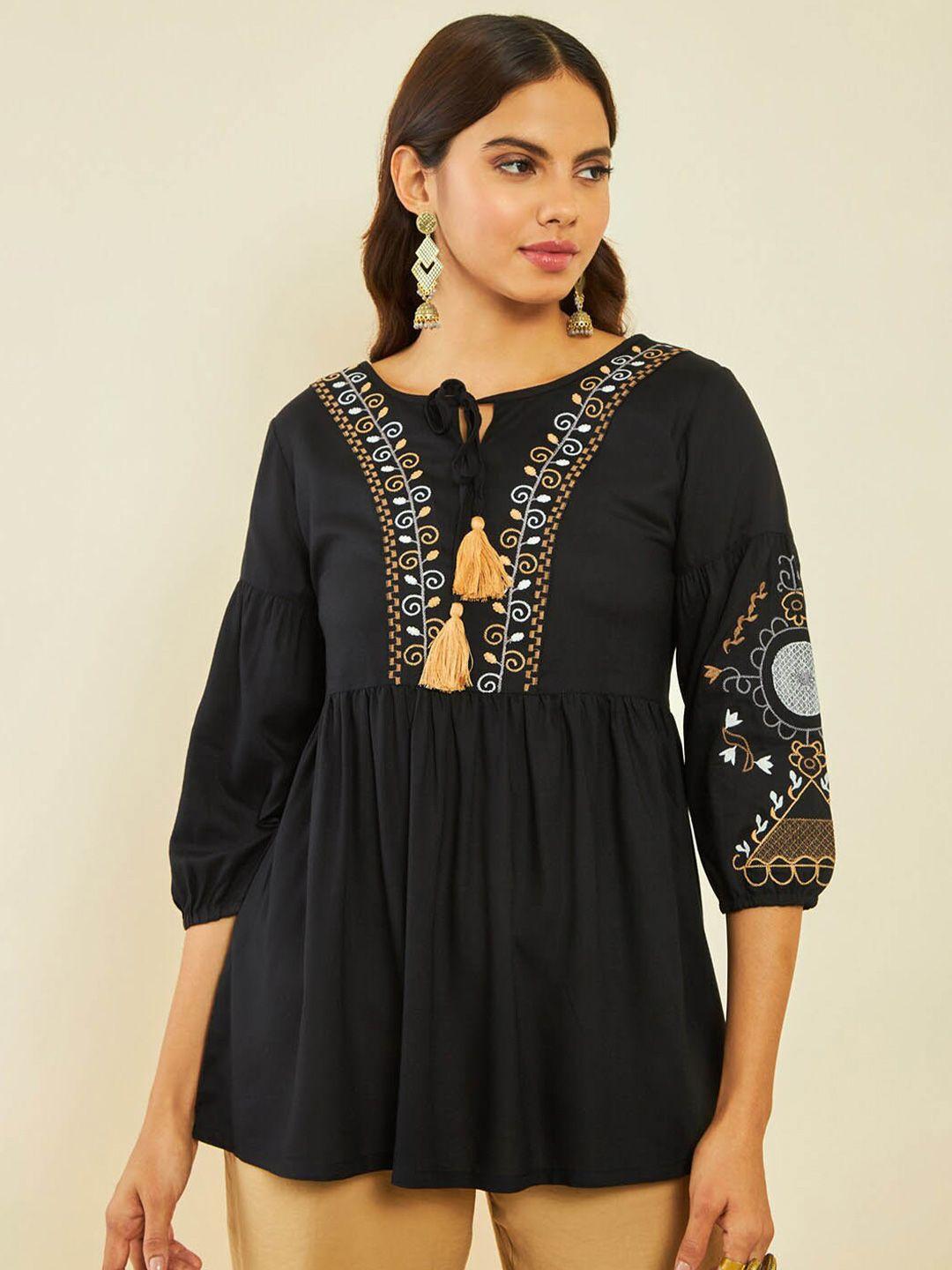 soch embroidered tie-up neck cuff sleeve pleated tunic