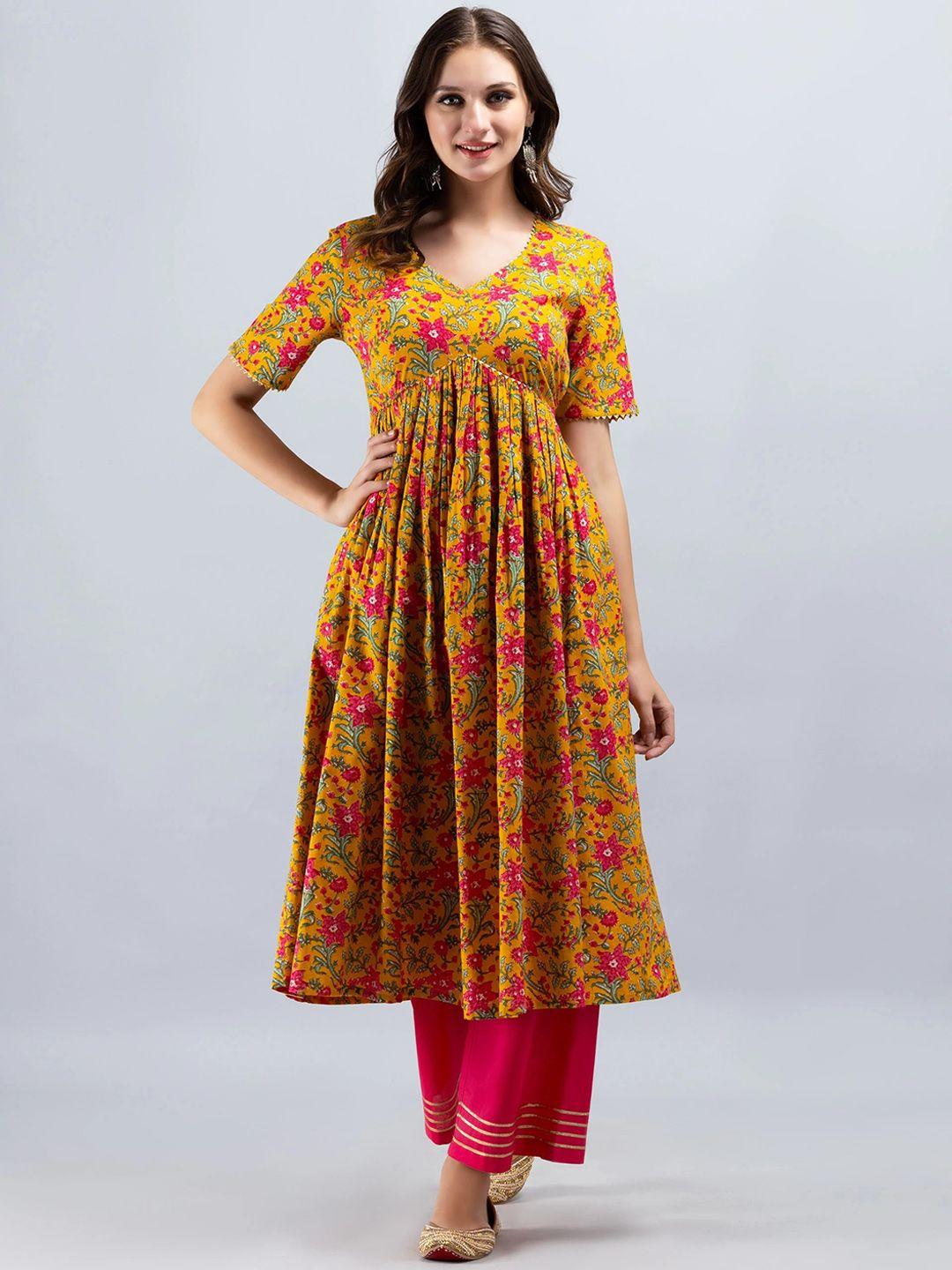 sak jaipur floral printed v-neck empire pure cotton gotta patti kurta with palazzos