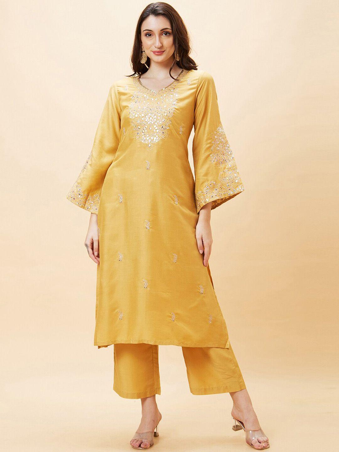 globus ethnic motifs embroidered thread work kurta with palazzos