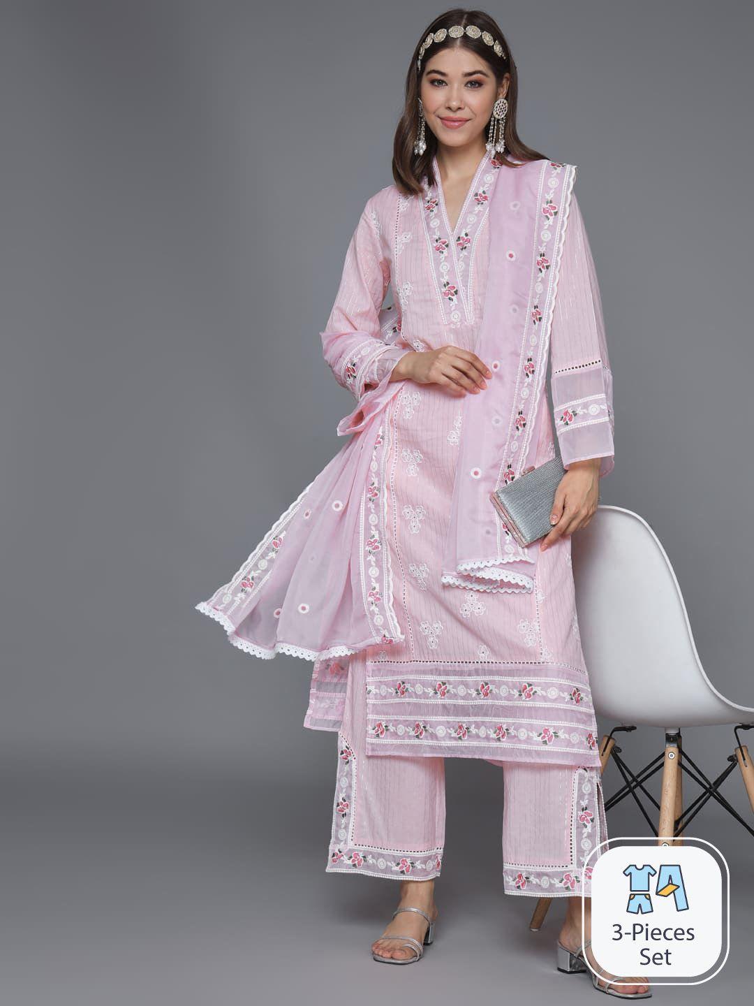 heeposh floral embroidered thread work pure cotton kurta with palazzos & dupatta