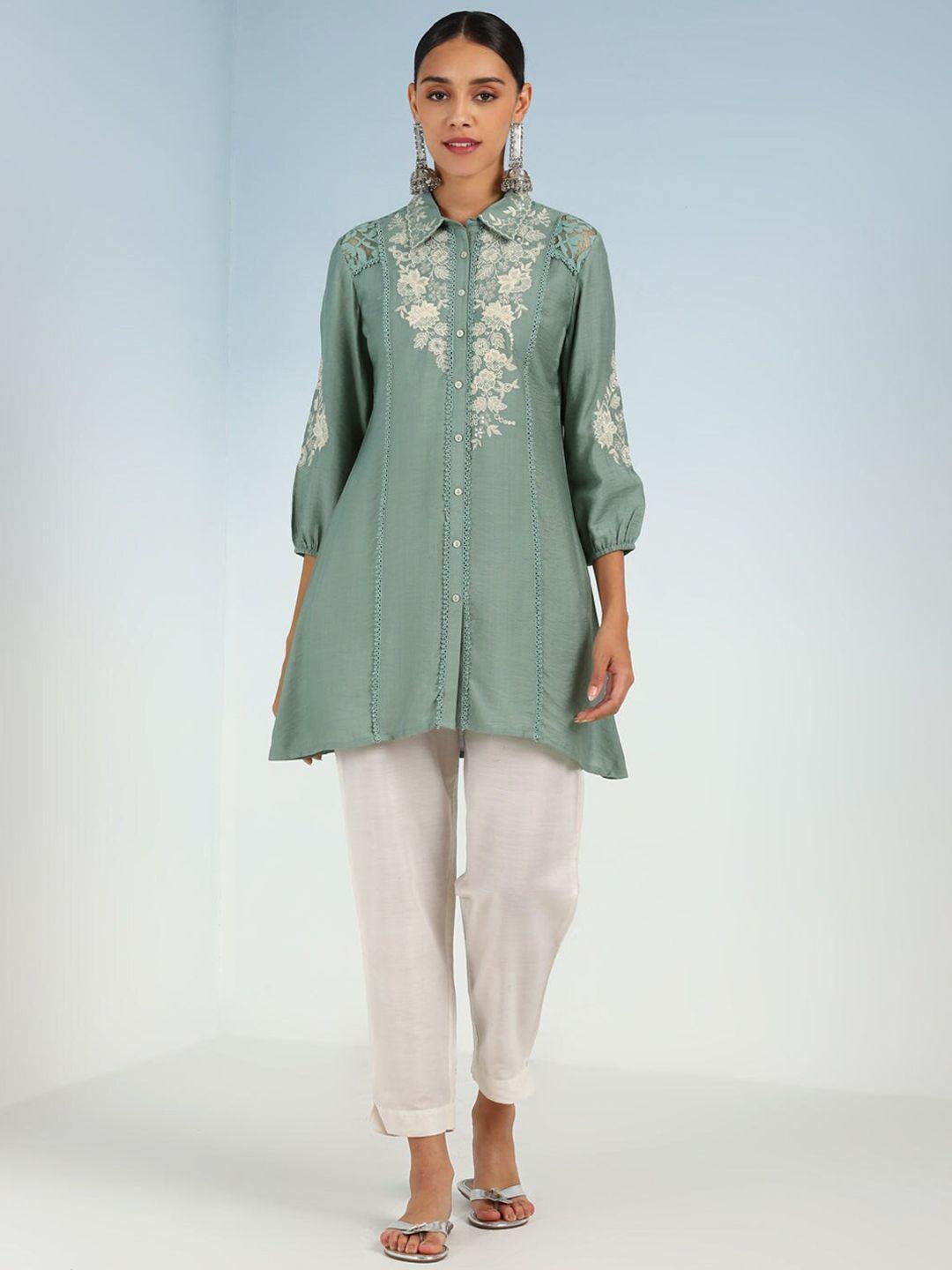 lakshita floral embroidered shirt collar puff sleeves tunic