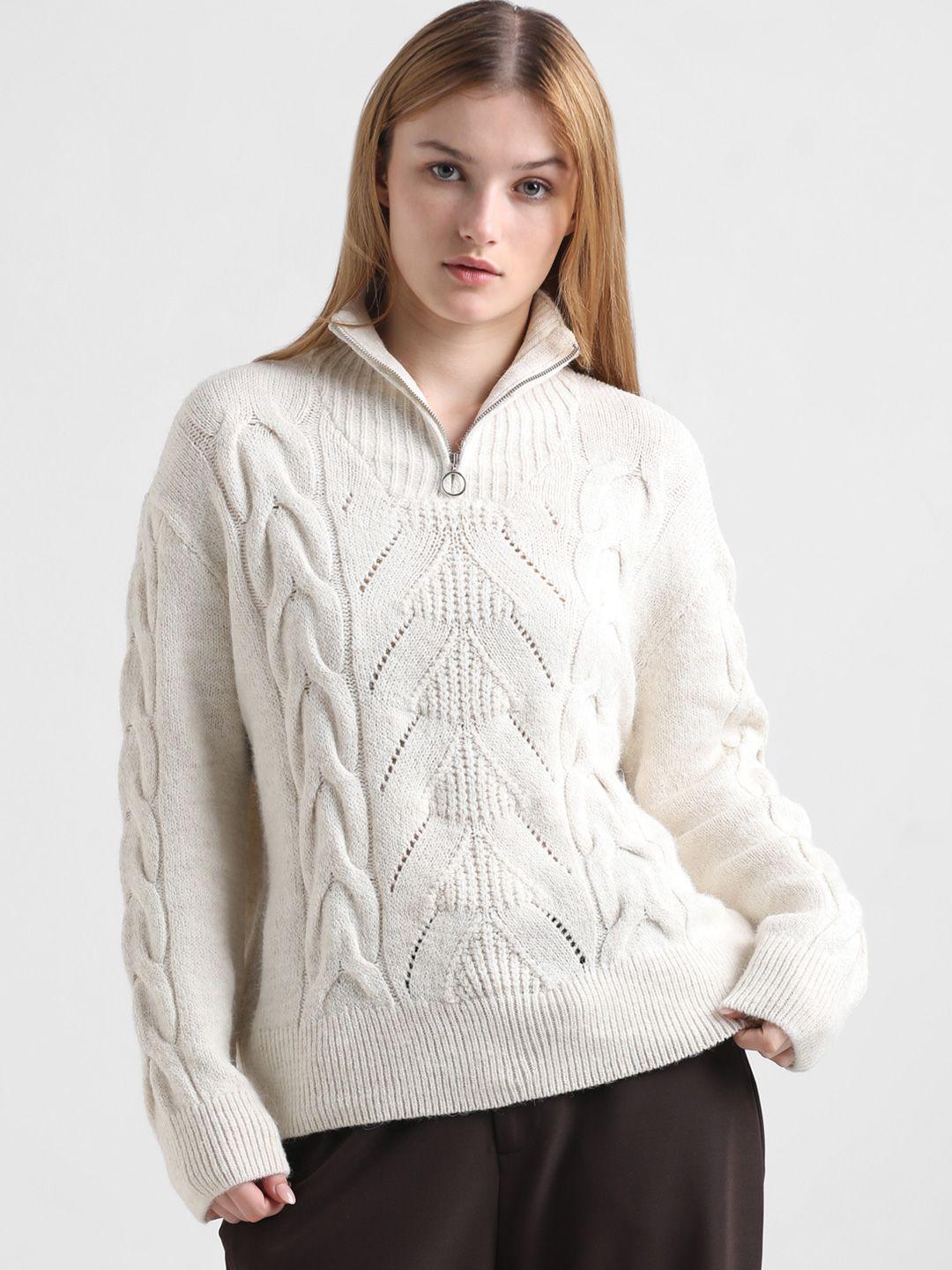 only turtle neck cable knit pullover with zip detail detail