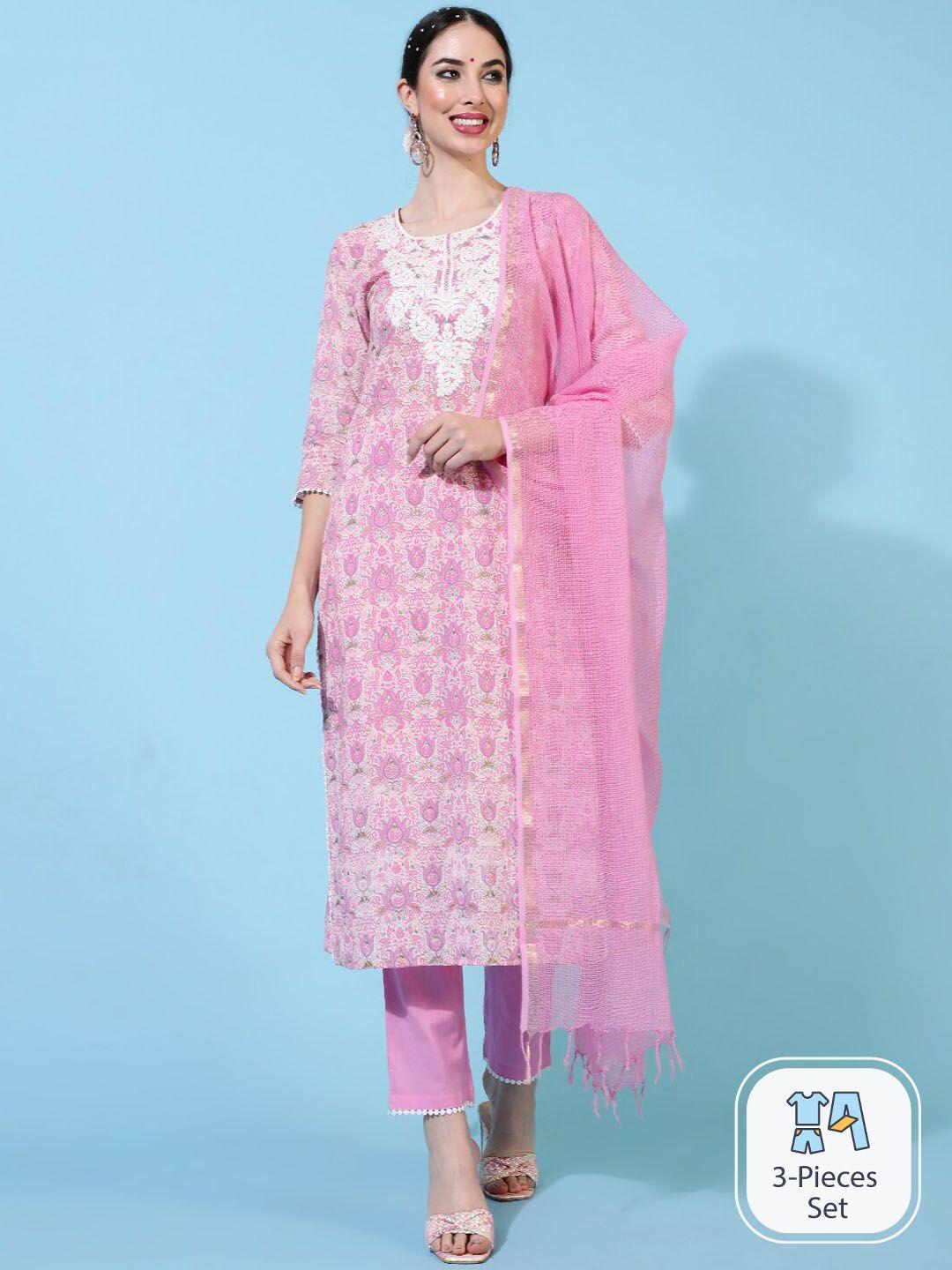 indie closet floral printed thread work pure cotton kurta with trousers & dupatta