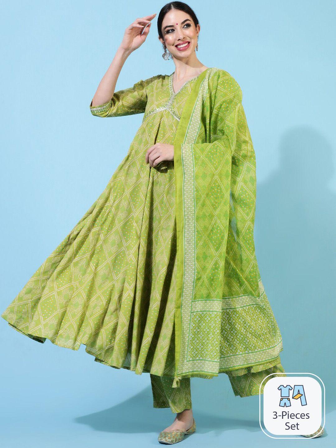 indie closet printed empire mirror work pure cotton anarkali kurta with trousers & dupatta