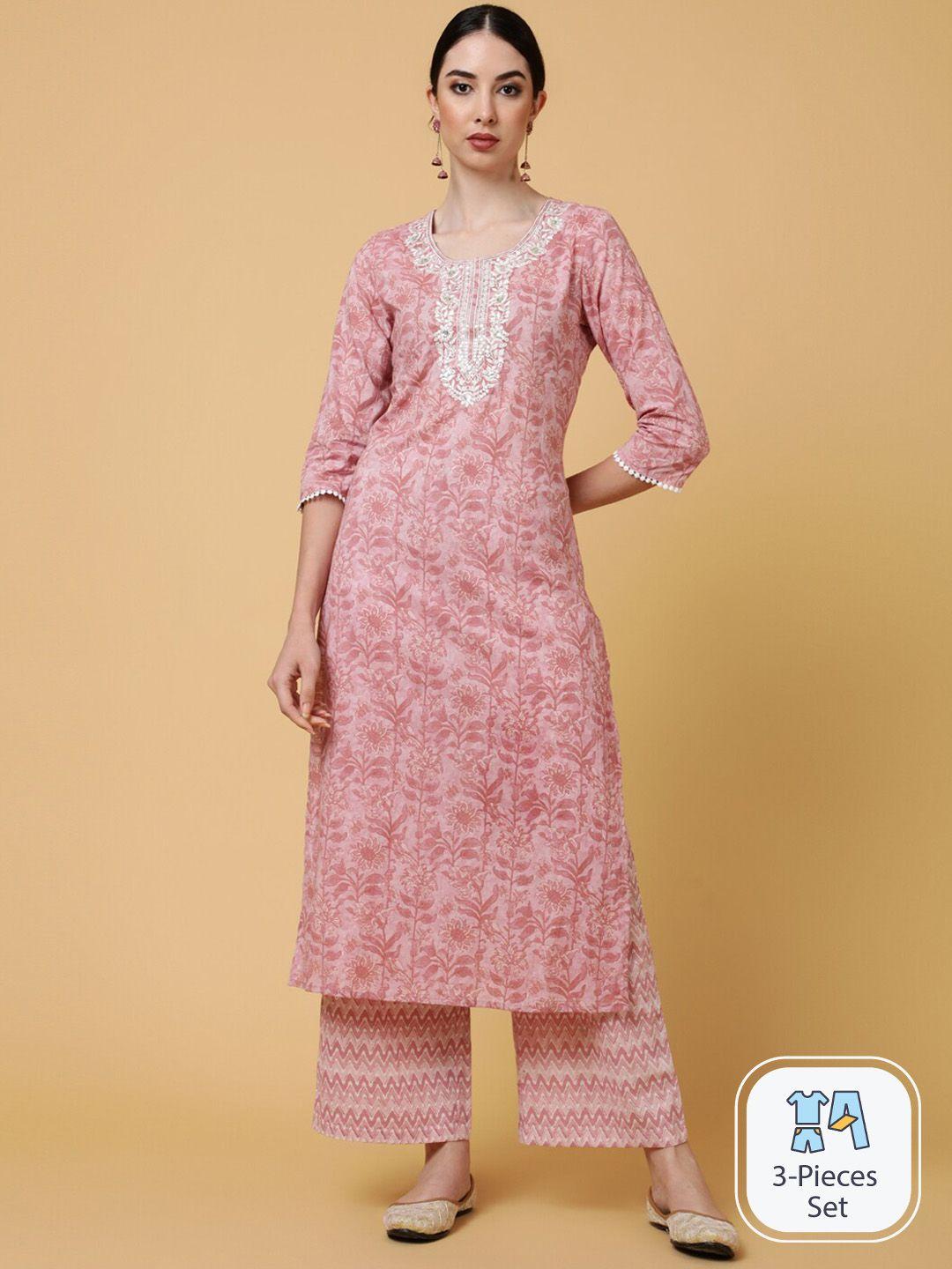 indie closet floral printed thread work pure cotton kurta with palazzos & dupatta