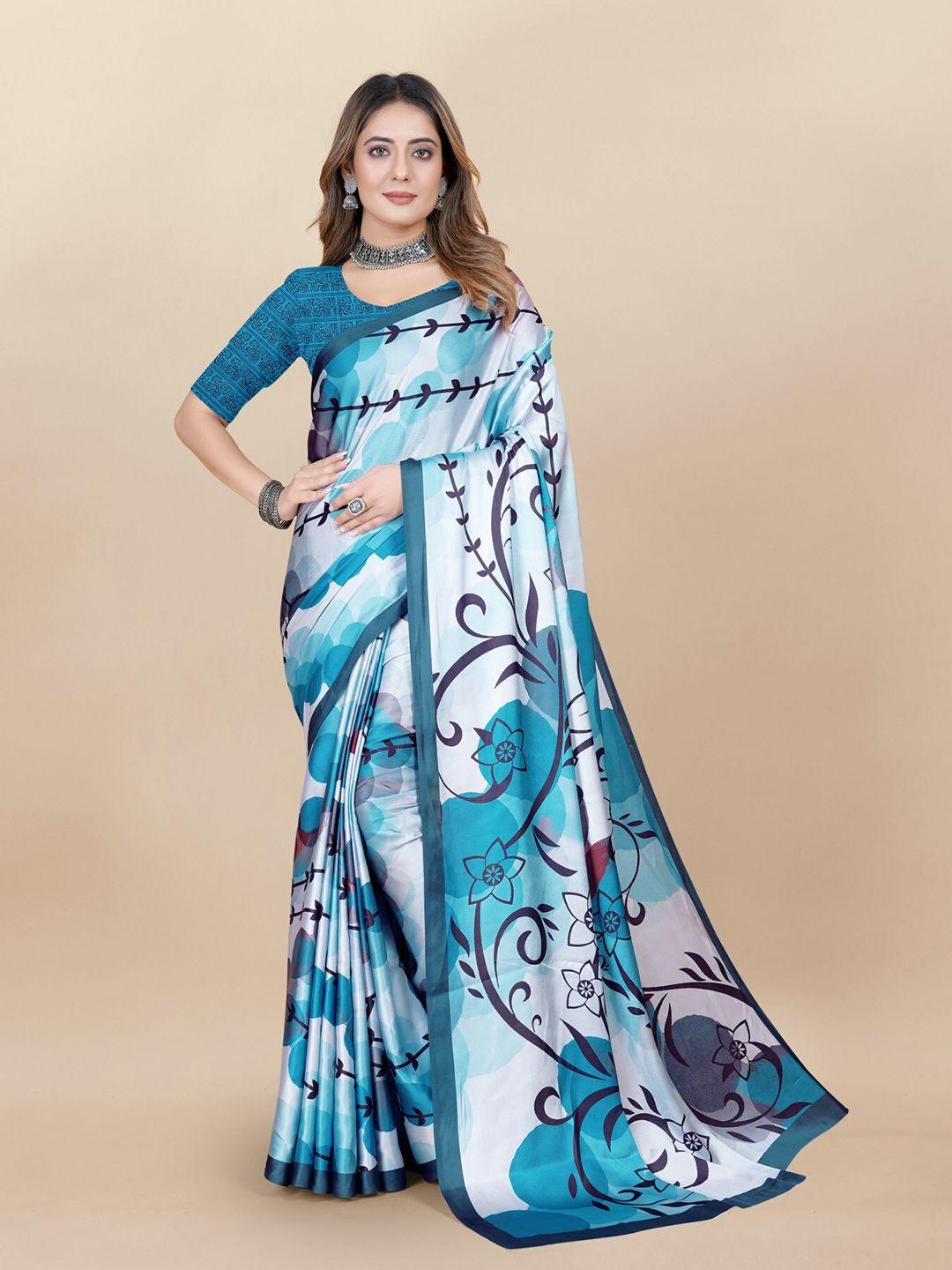 anouk blue floral printed satin saree