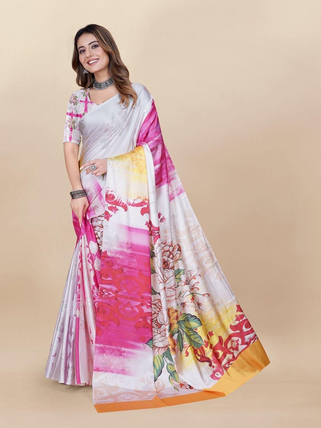 anouk pink floral printed satin saree