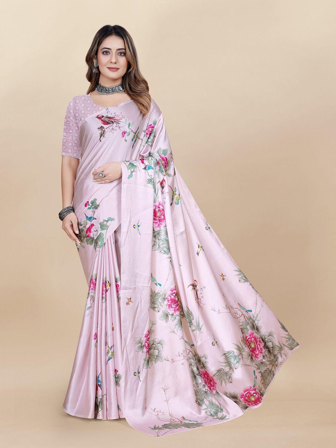 anouk pink & green floral printed satin saree