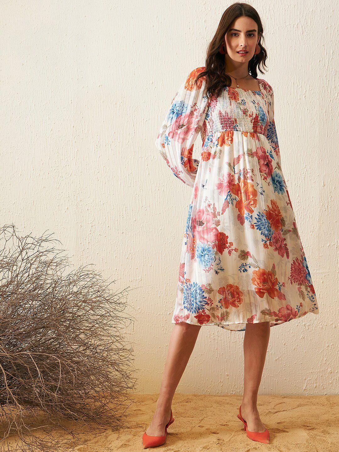 carlton london floral printed smocked puff sleeves a-line dress