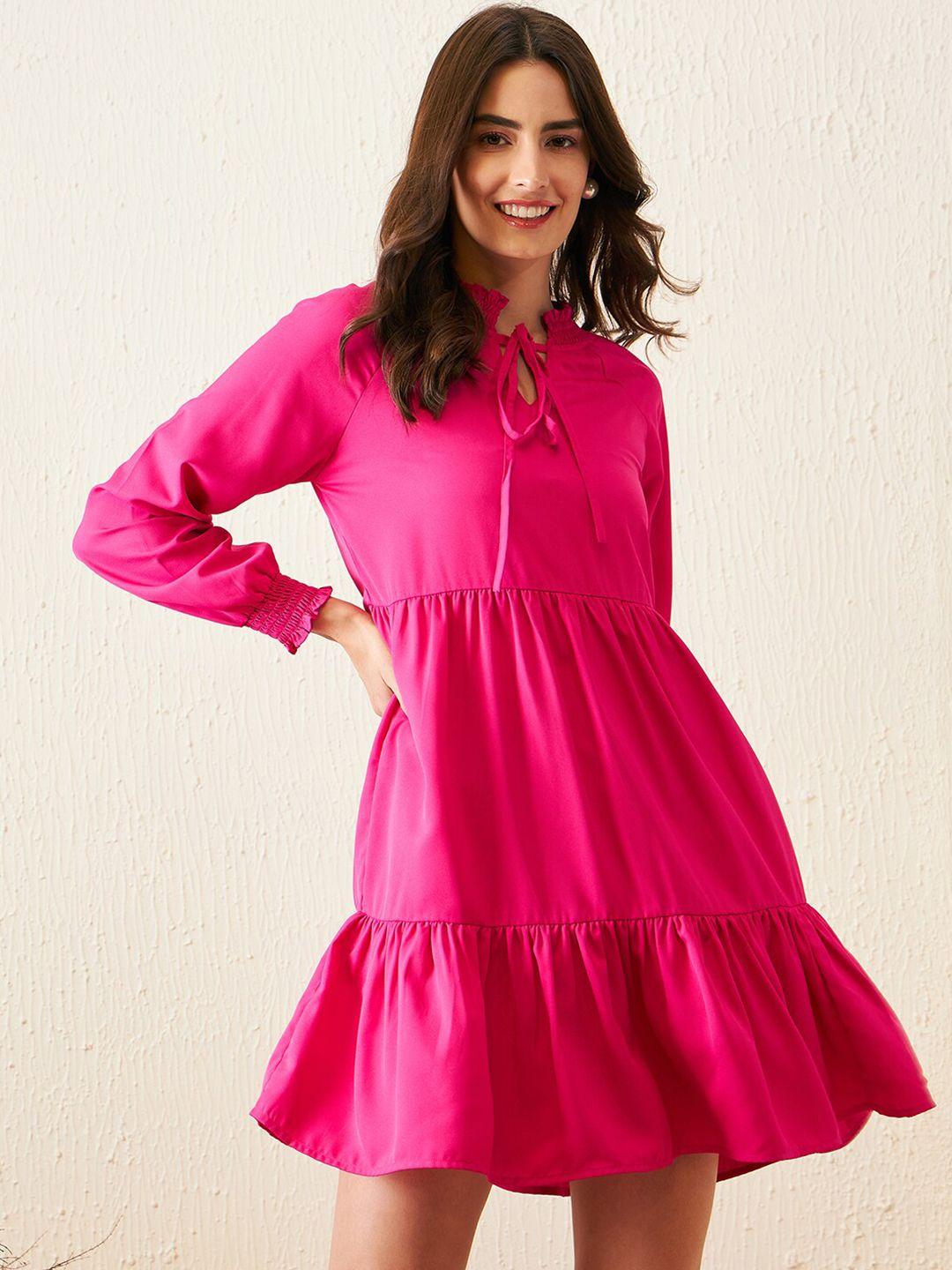 rare pink tie-up neck puff sleeve fit & flare dress