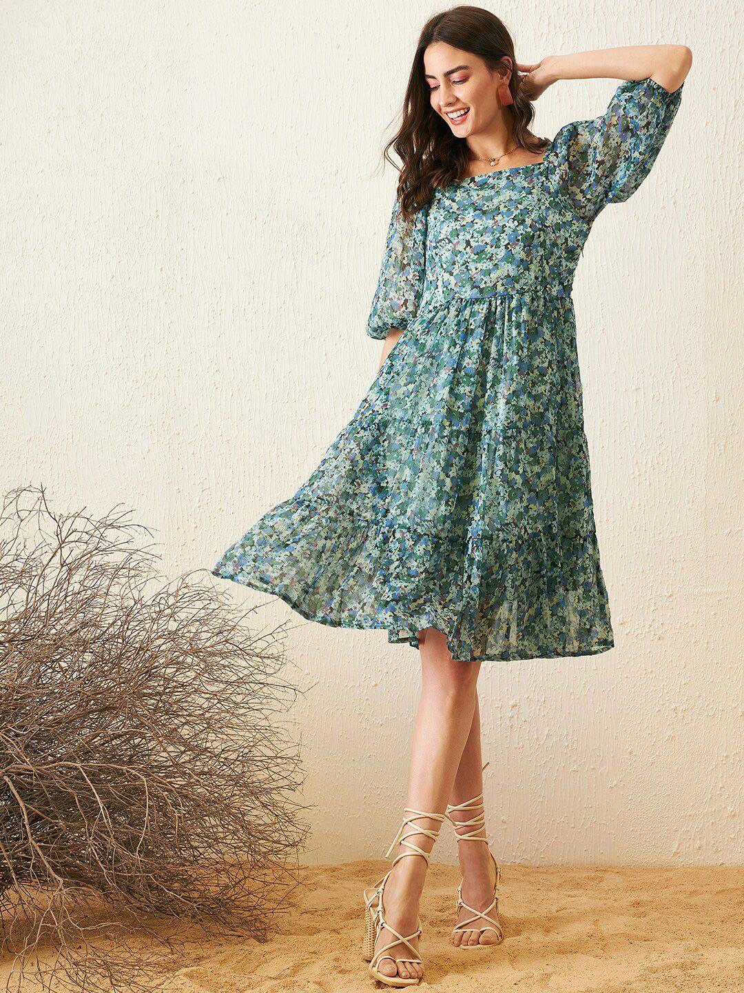 rare floral print square neck chiffon fit & flare dress