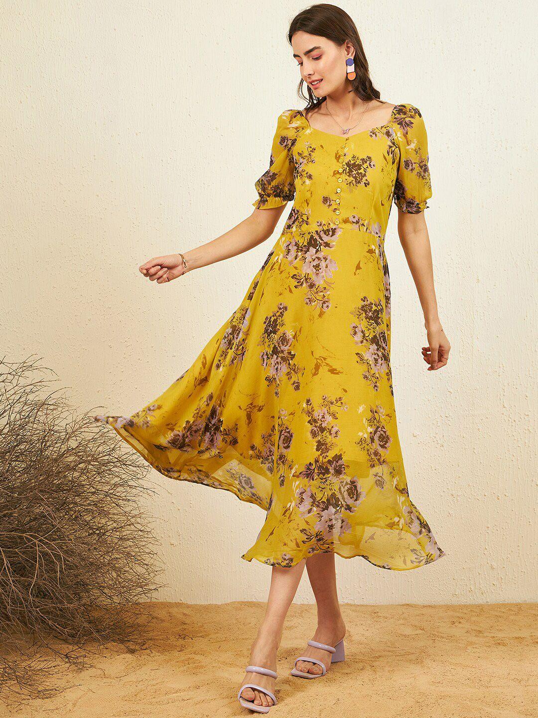 rare floral print puff sleeve chiffon fit & flare midi dress