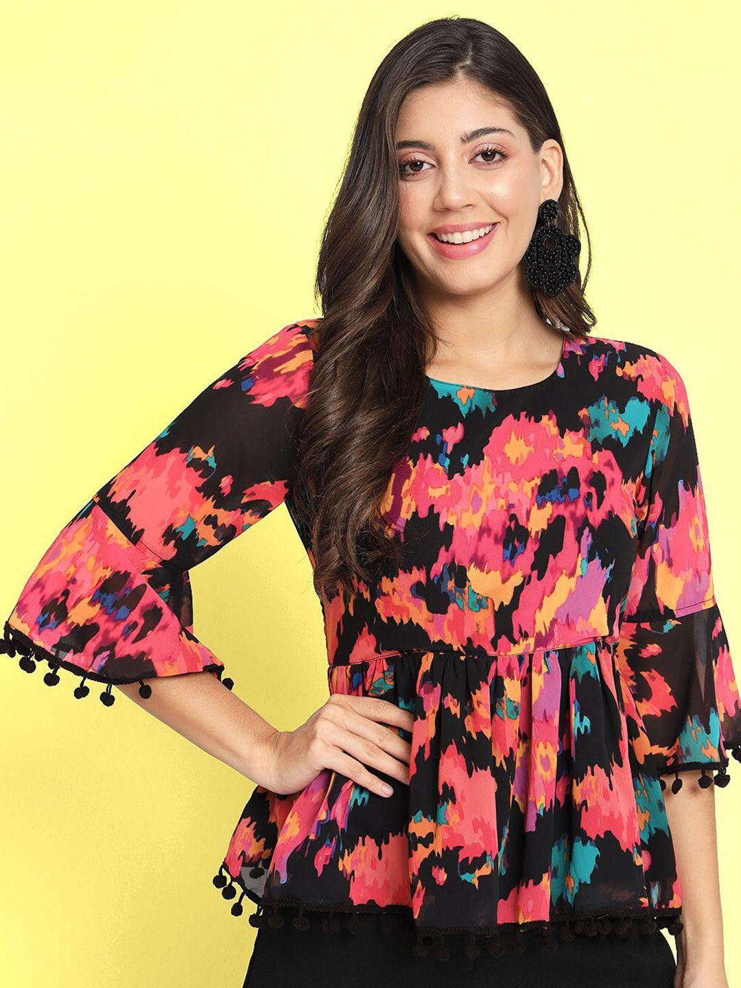 charmgal abstract printed bell sleeves gathered cinched waist top