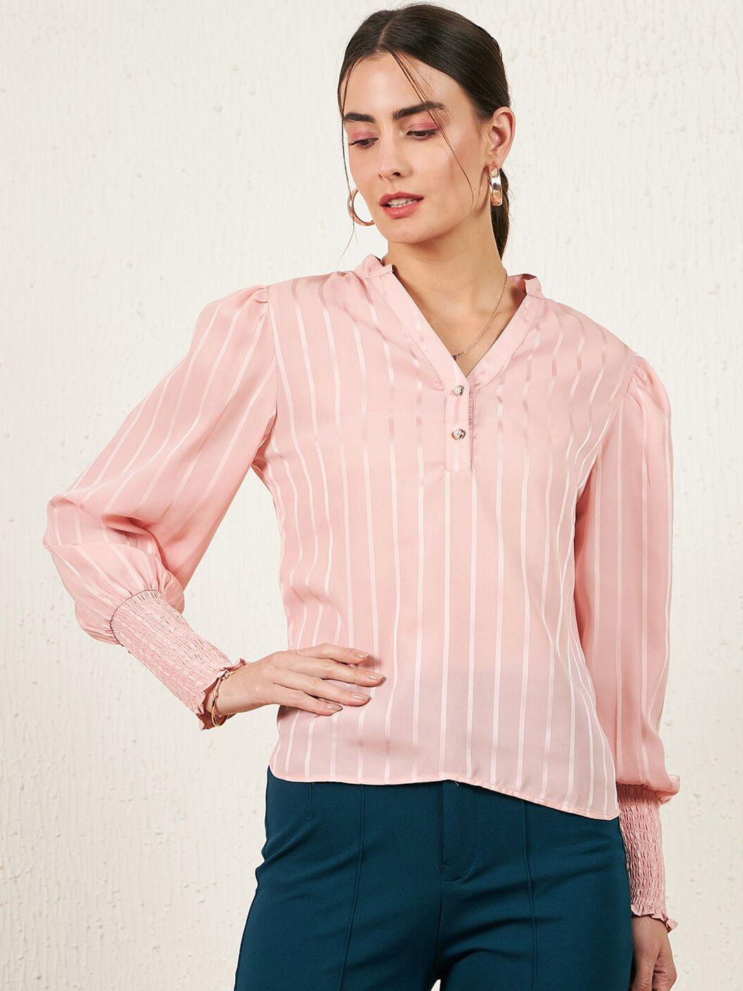 marie claire striped mandarin collar smocked cuff sleeves shirt style satin top