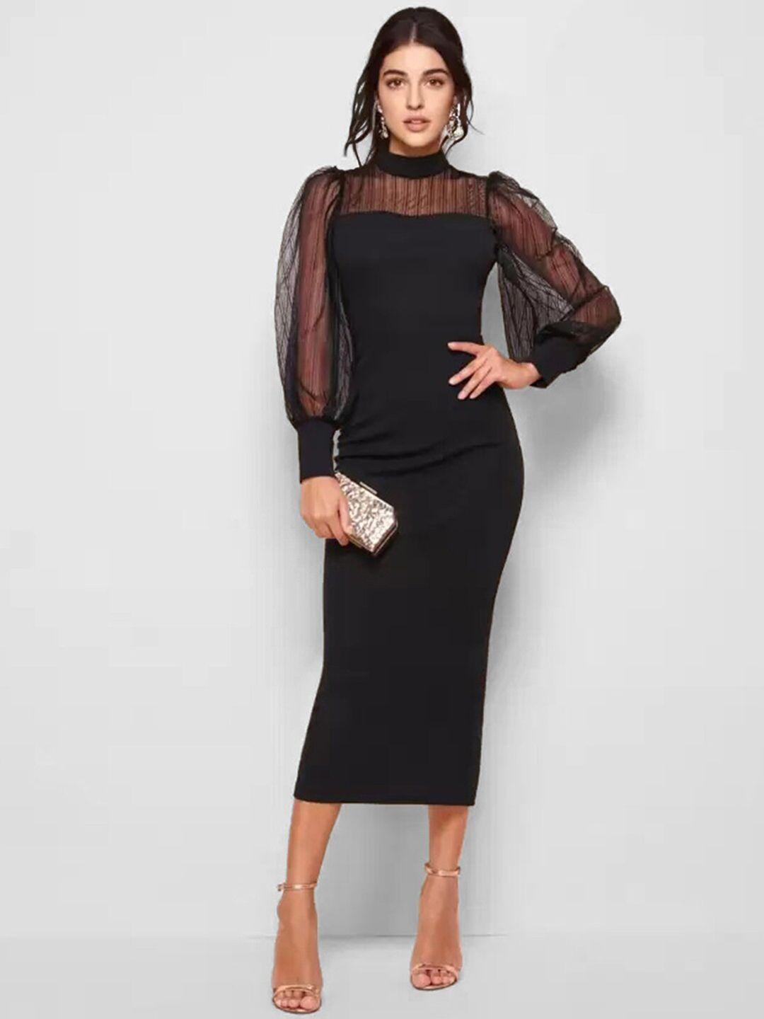 selvia high neck puff sleeve sheath midi dress