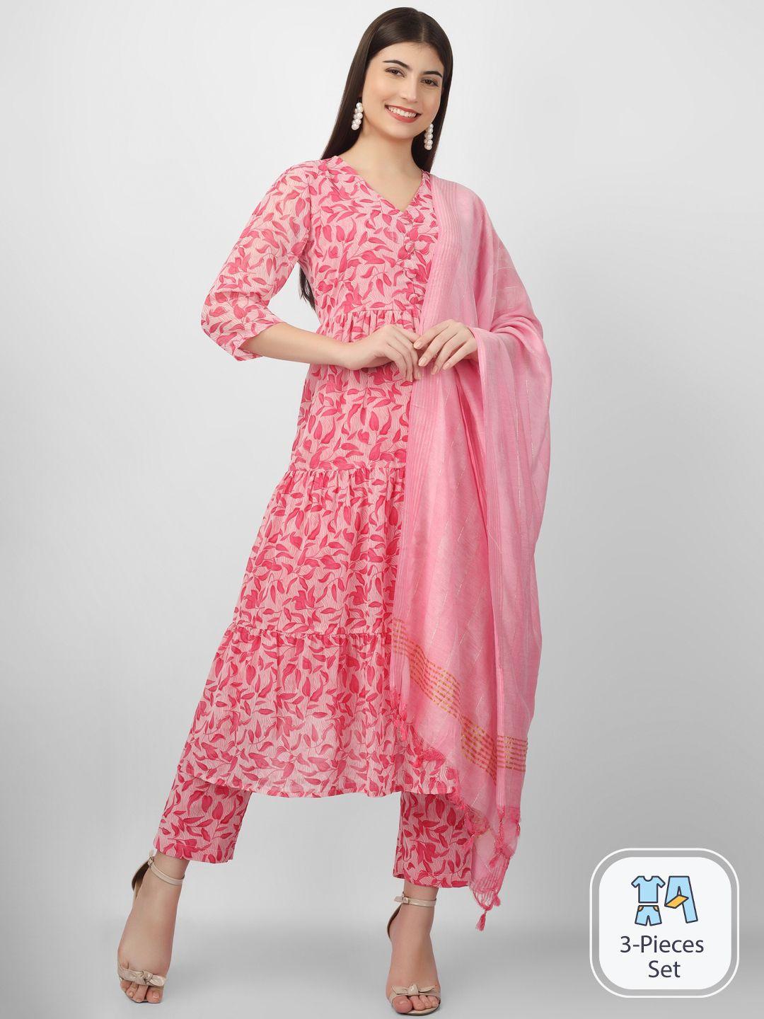 celebravo floral printed georgette a line kurta with trousers & dupatta