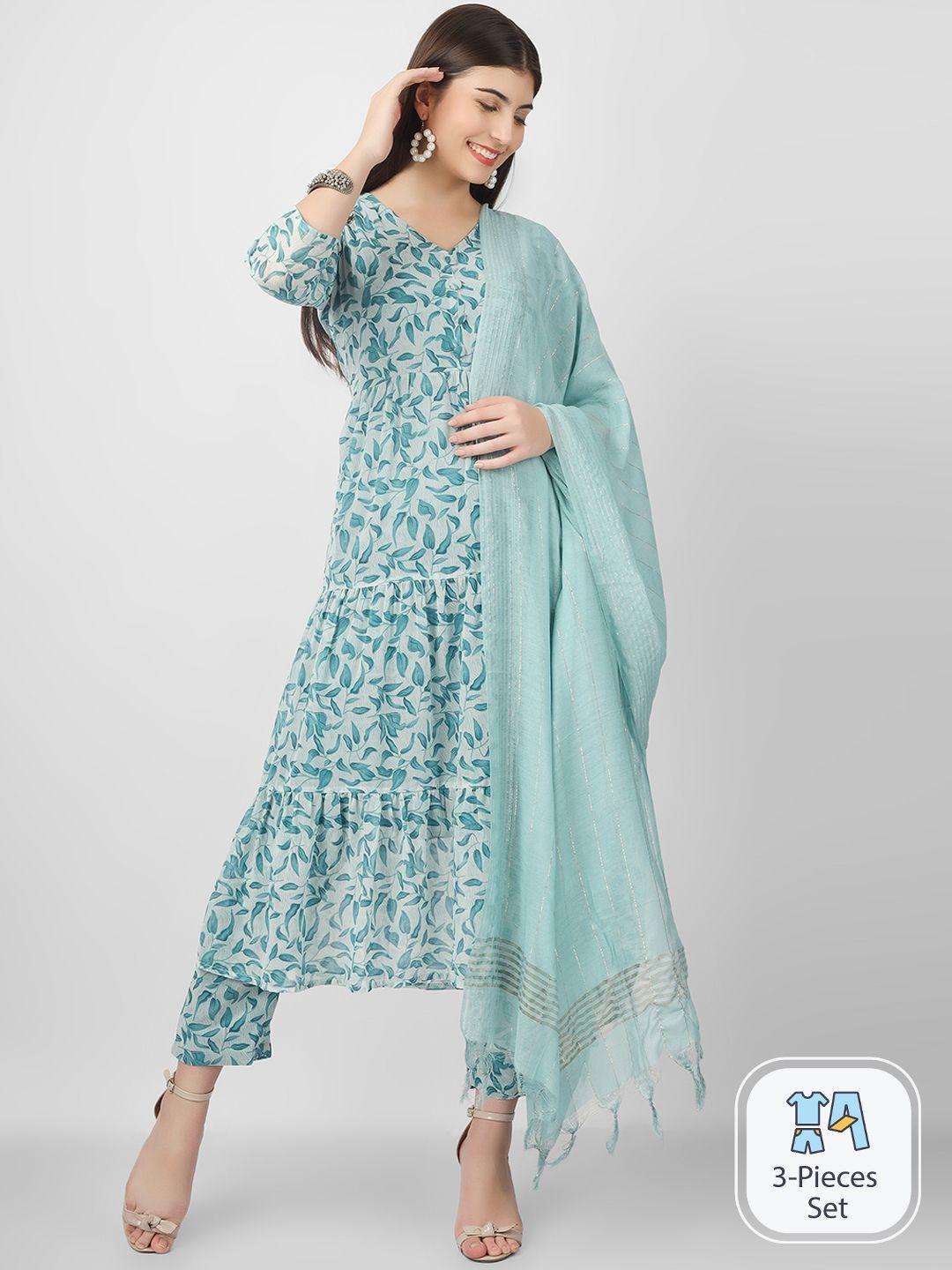 celebravo floral printed georgette a line kurta with trousers & dupatta