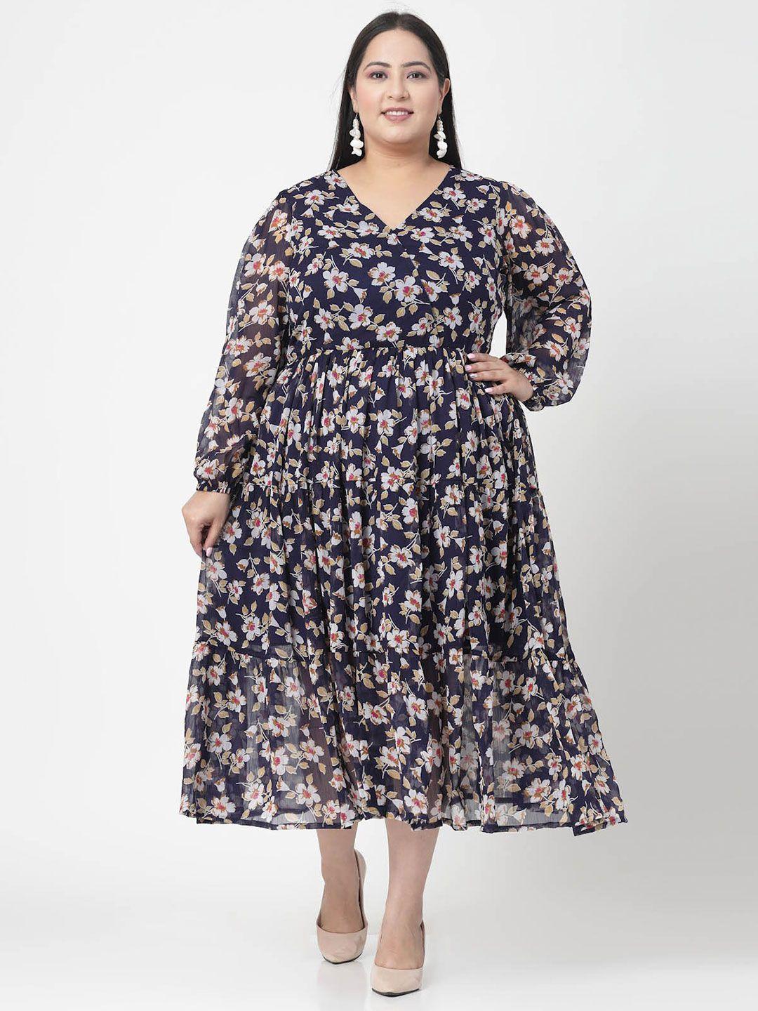 pluss plus size floral print v-neck fit & flare midi dress