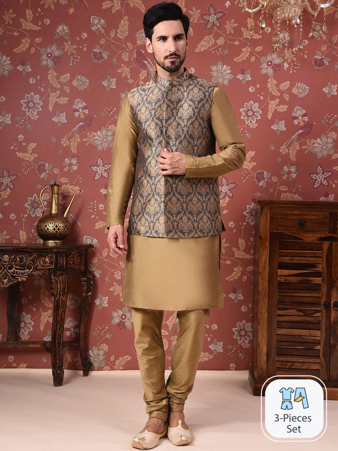 house of pataudi straight kurta with churidar & nehru jacket