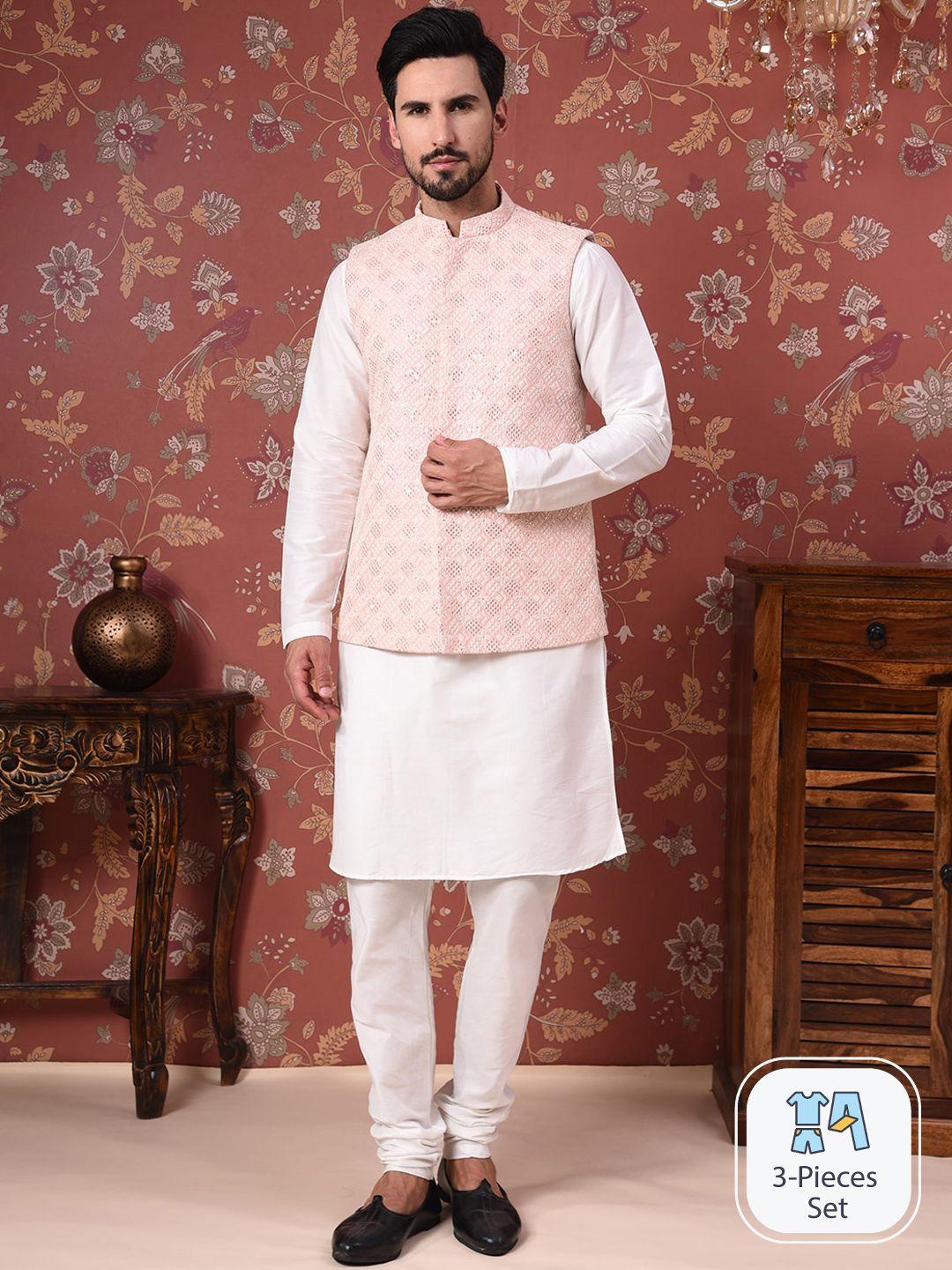 house of pataudi straight kurta with churidar & embroidered nehru jacket