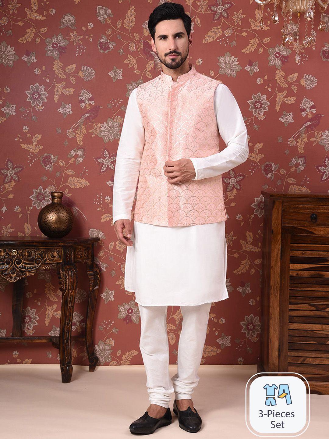 house of pataudi straight kurta with churidar & nehru jacket