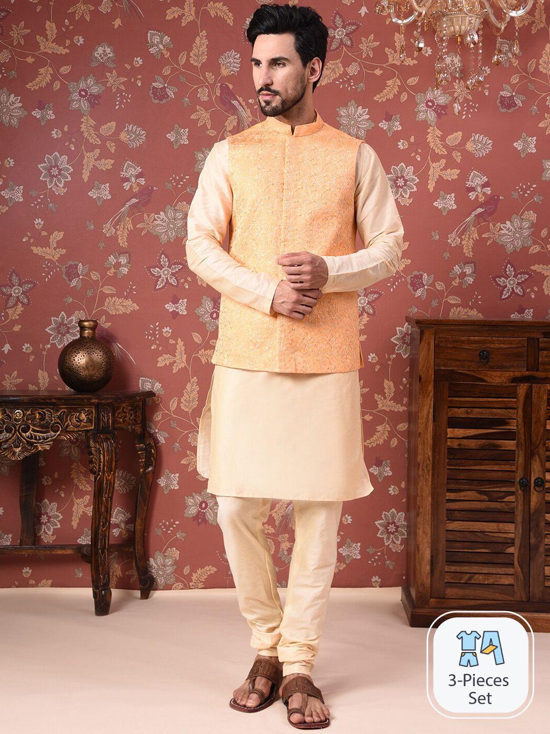 house of pataudi straight kurta with churidar & nehru jacket