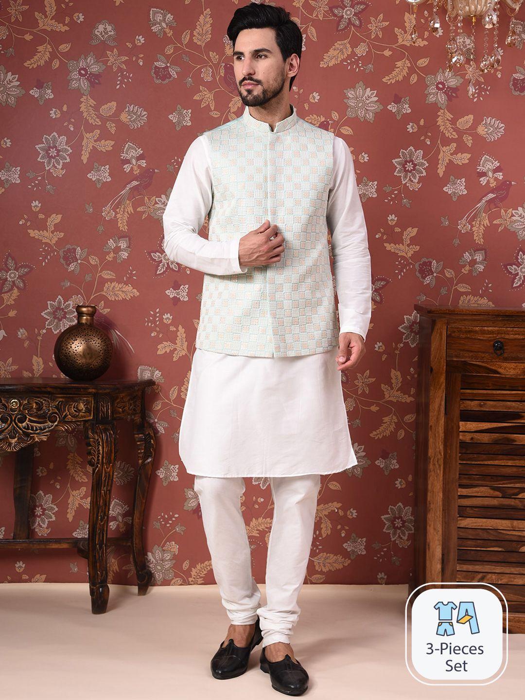 house of pataudi straight kurta with churidar & embroidered nehru jacket