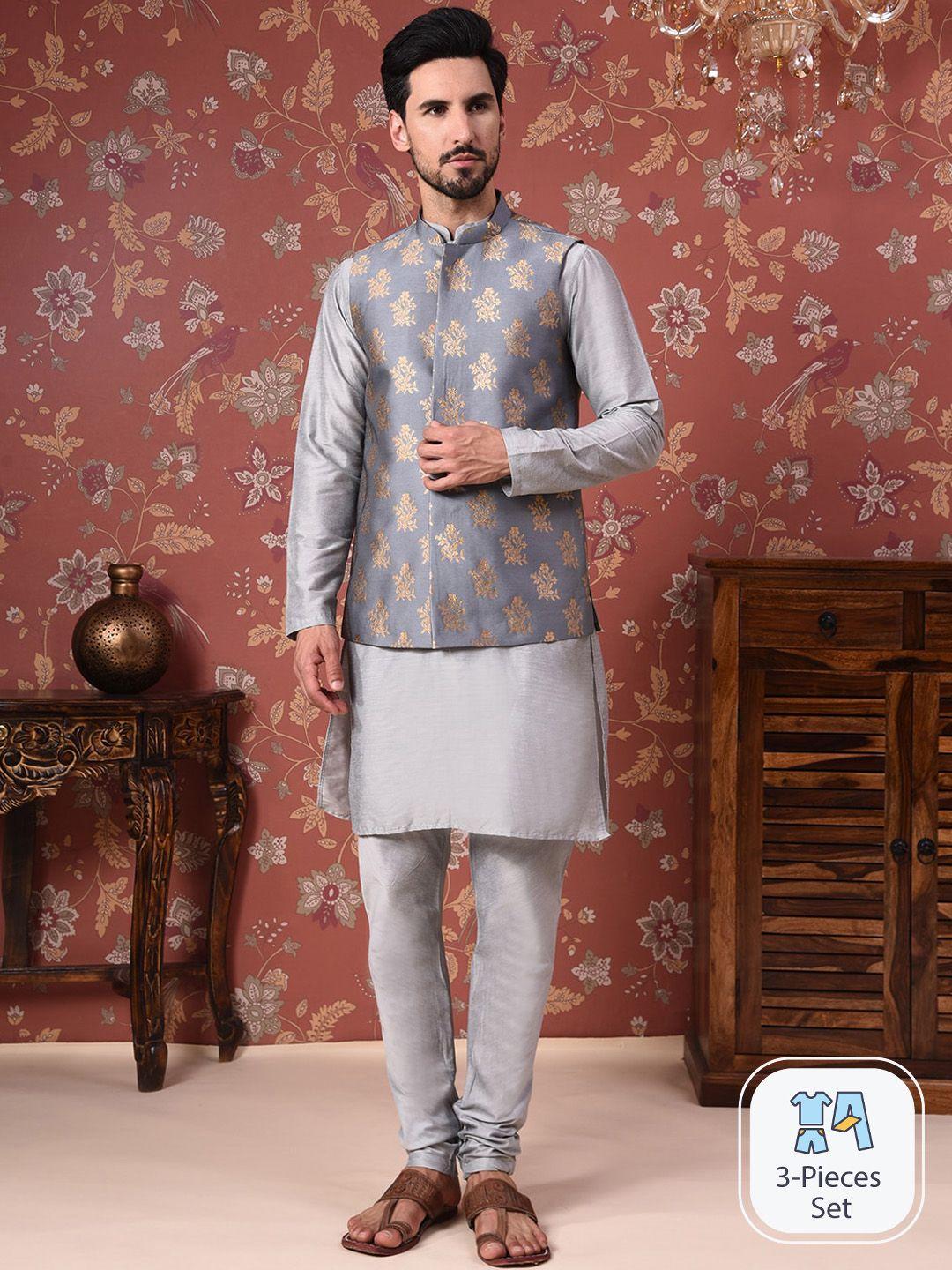 house of pataudi straight kurta with churidar & nehru jacket