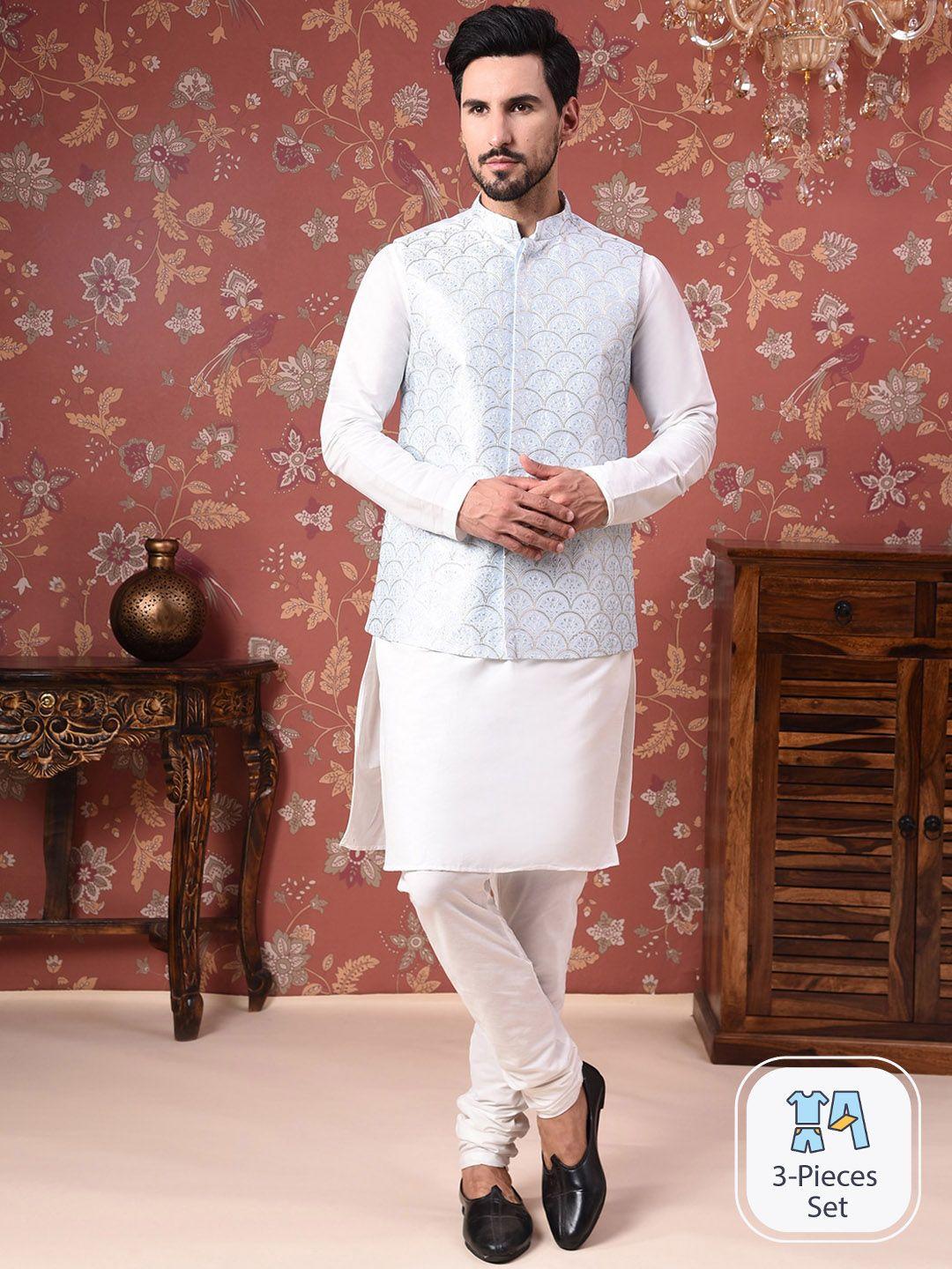 house of pataudi straight kurta with churidar & embroidered nehru jacket