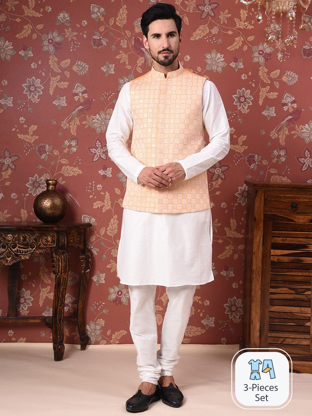 house of pataudi straight kurta with churidar & nehru jacket