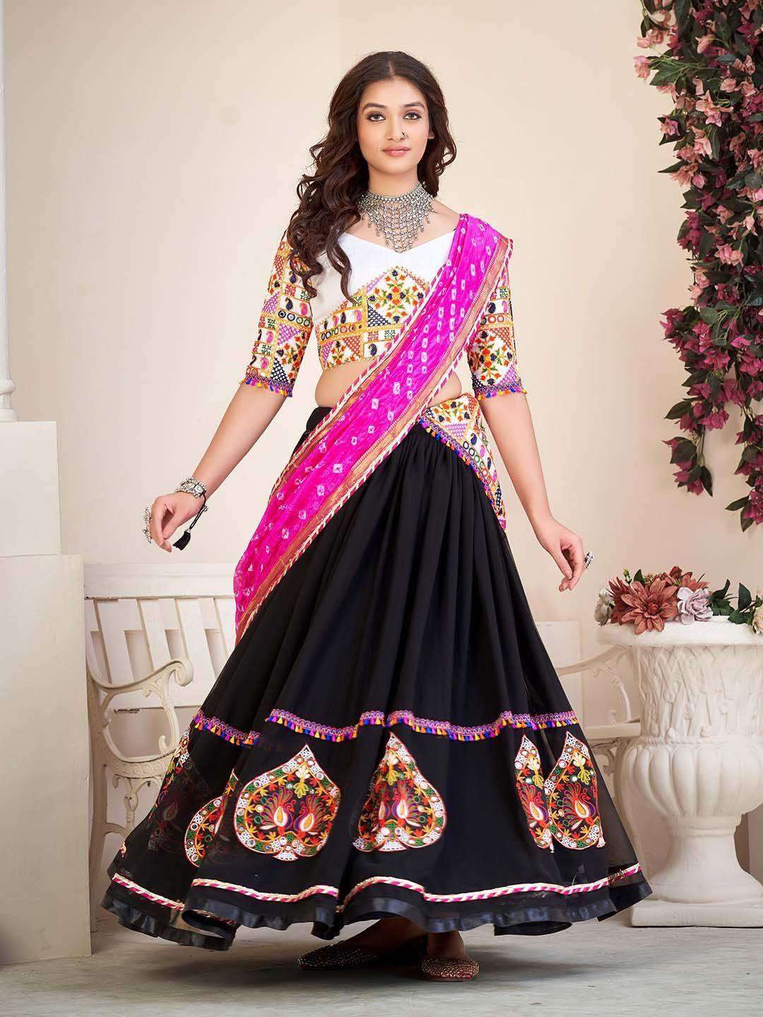 kalini embroidered v-neck three-quarter sleeve lehenga & unstitched blouse with dupatta