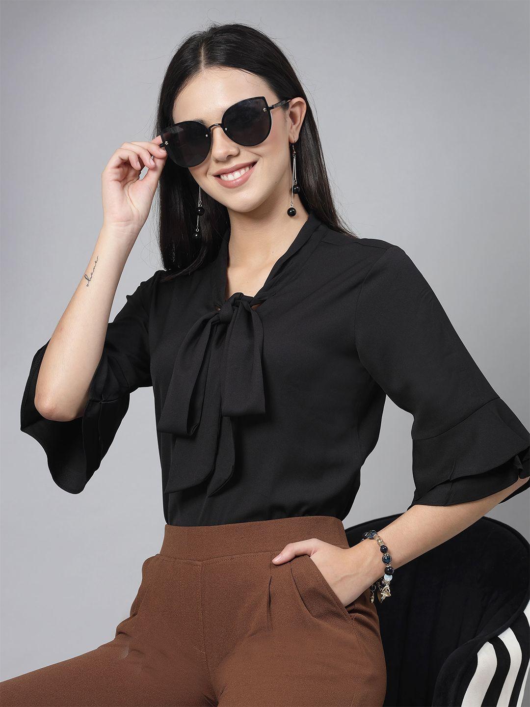 style quotient tie-up neck bell sleeve regular top