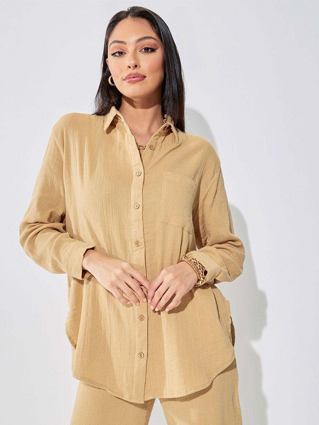 styli cotton roll-up sleeve oversized longline shirt