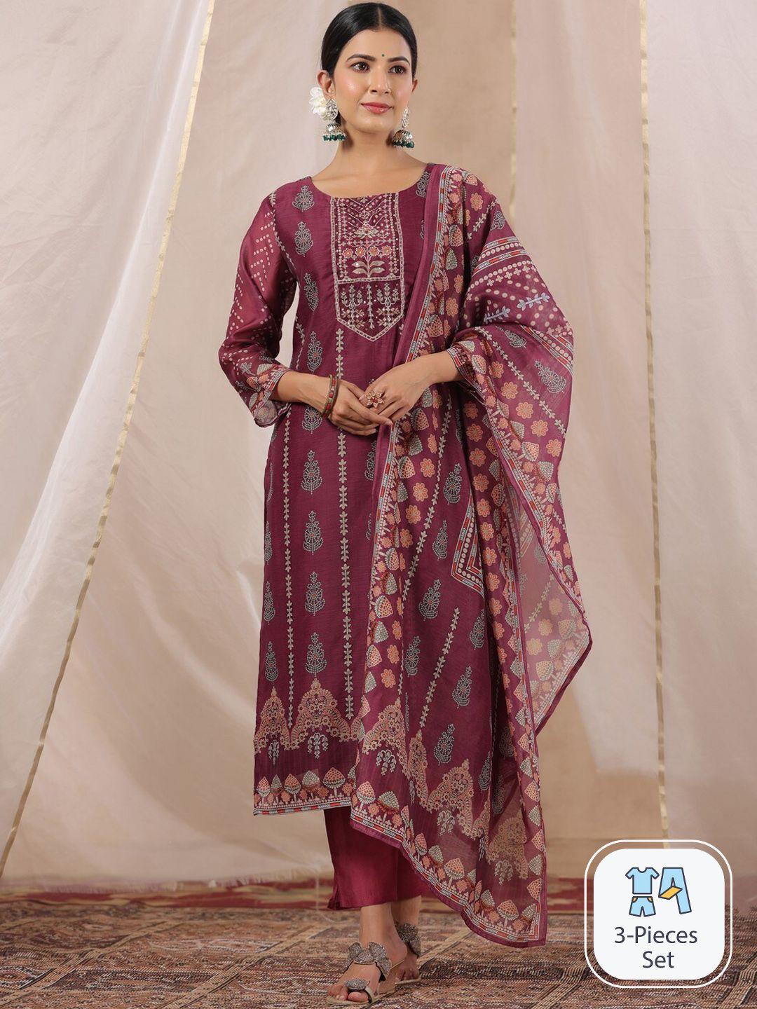 ishin ethnic motifs printed beads and stones straight kurta & trouser with dupatta