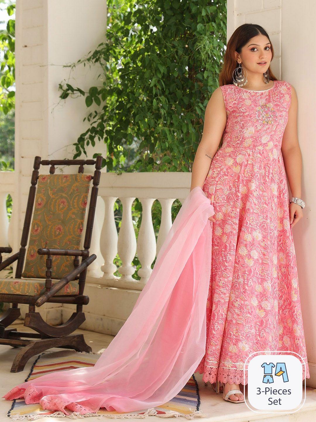 pinkville jaipur floral printed pure cotton anarkali kurta with trousers & dupatta