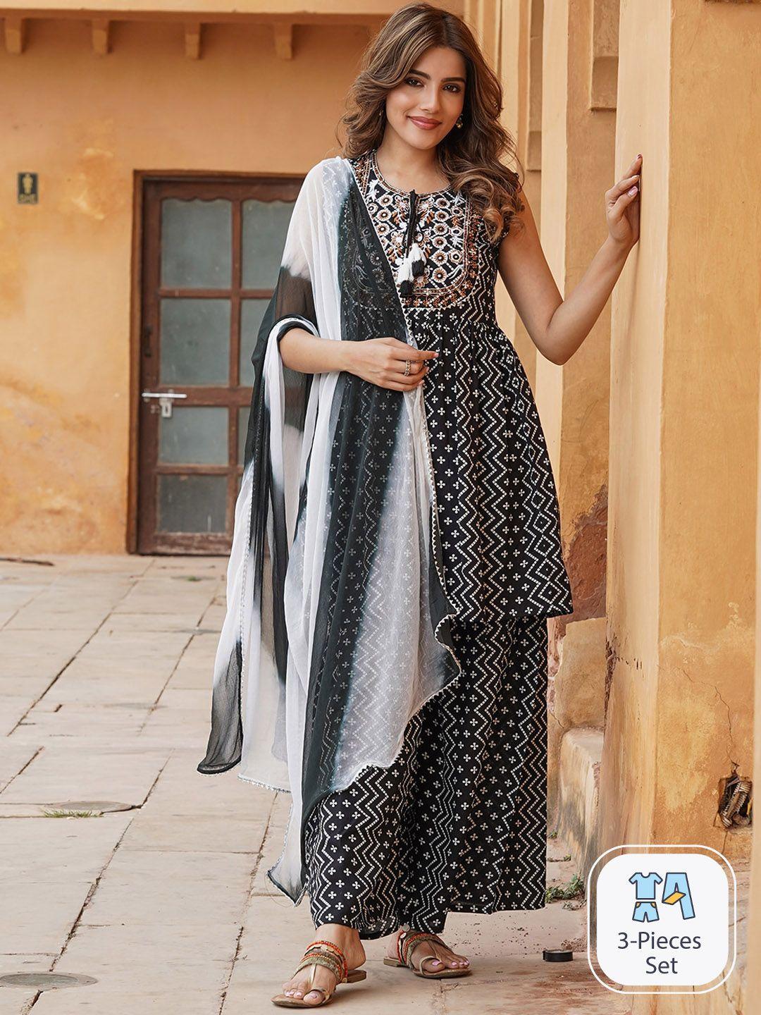 kalini ethnic motifs printed thread work kurta with sharara & dupatta