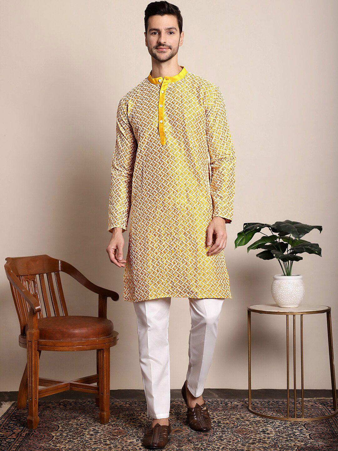 anouk mustard yellow ethnic embroidered jacquard band collar dupion silk kurta