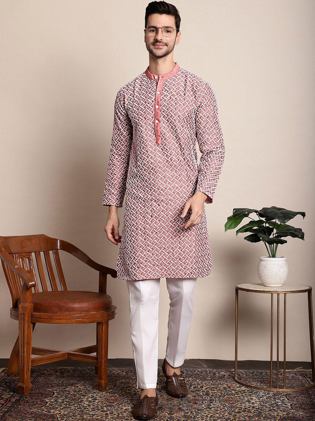 anouk peach-coloured ethnic motifs embroidered jacquard band collar dupion silk kurta