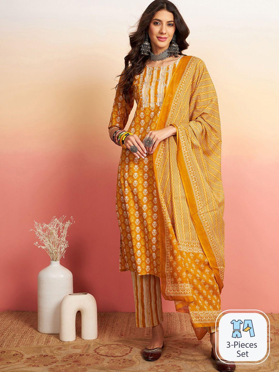 sangria ethnic motifs printed thread work detail straight kurta & palazzo with dupatta