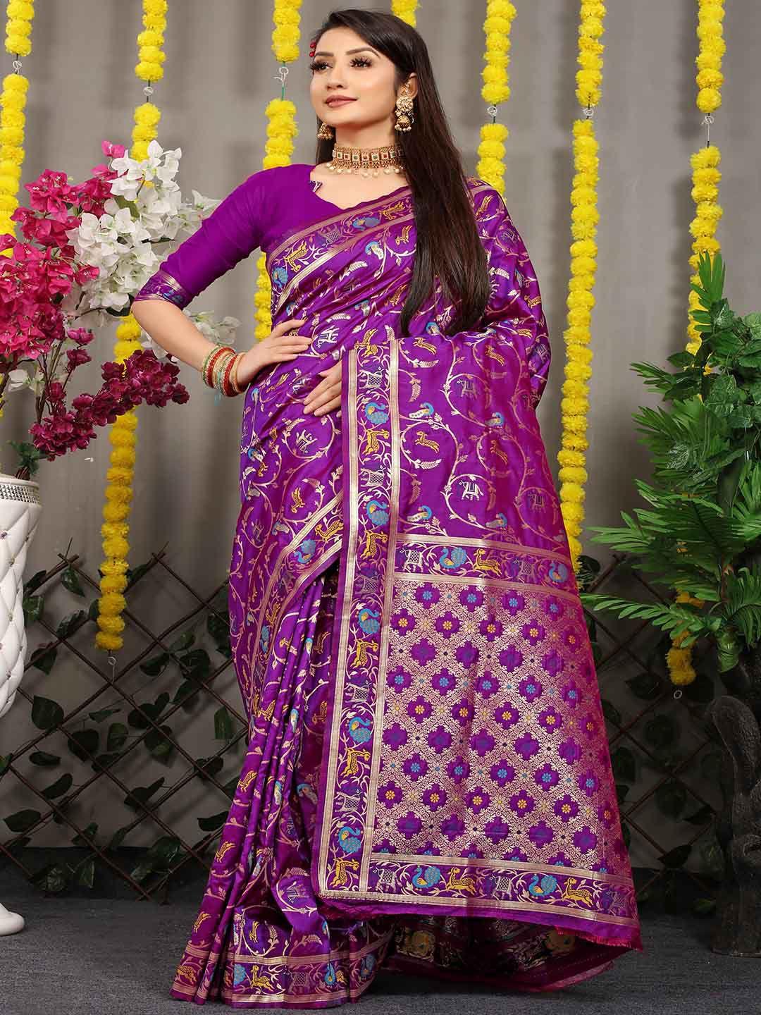 mitera violet & blue ethnic motifs woven design zari saree