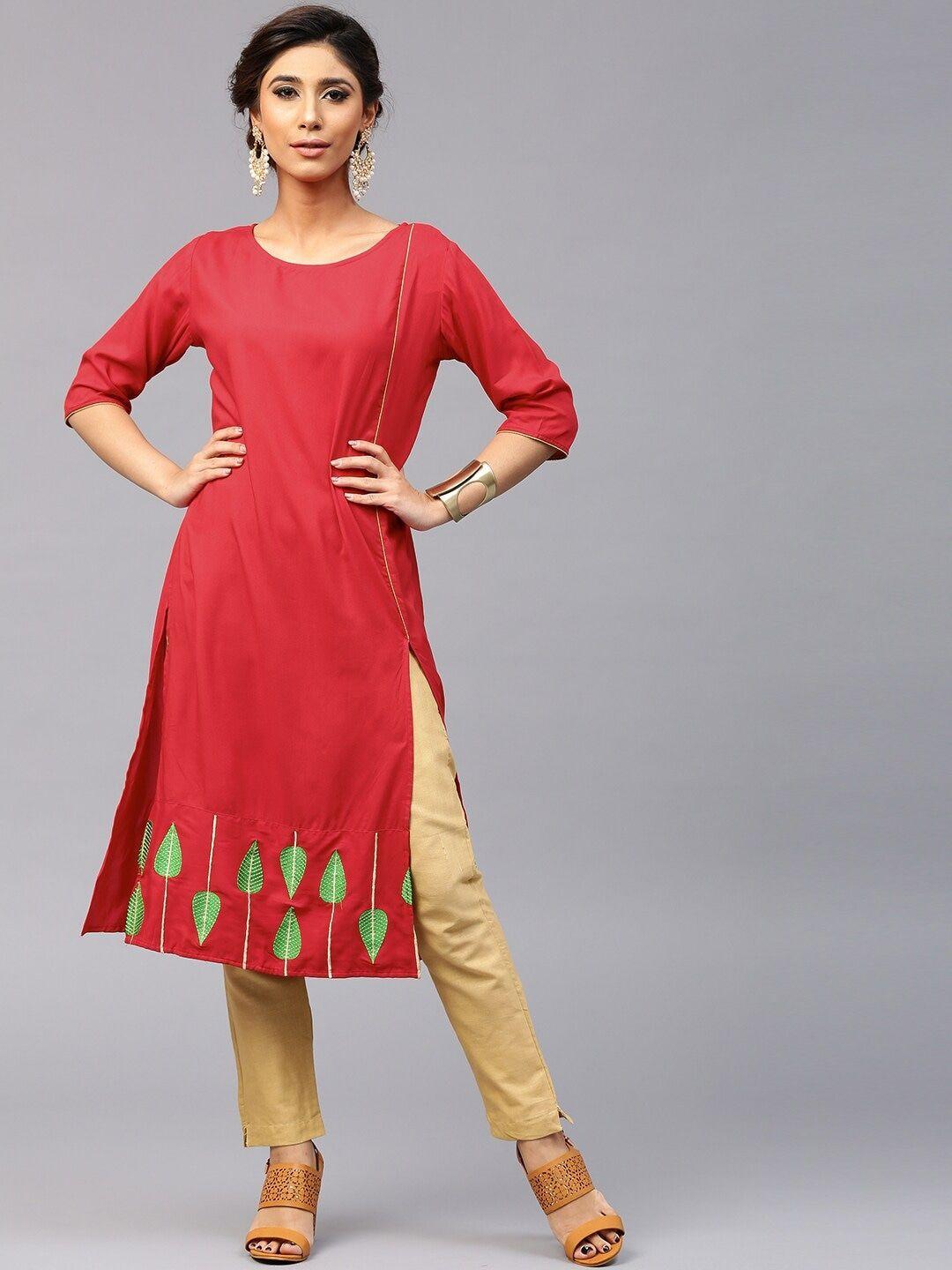 aks round neck thread work straight kurta