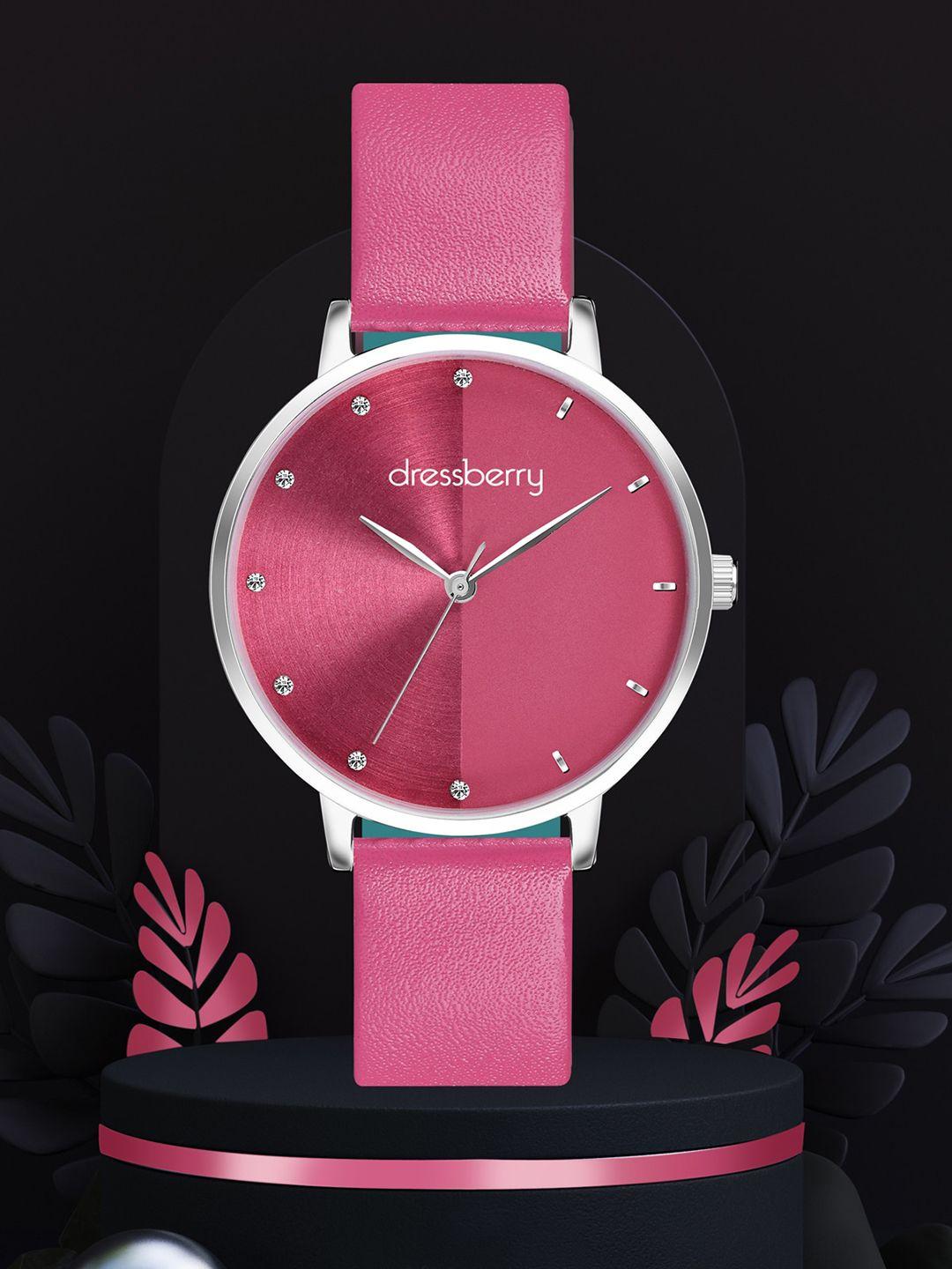 dressberry women brass embellished dial & pink leather straps analogue watch db-201