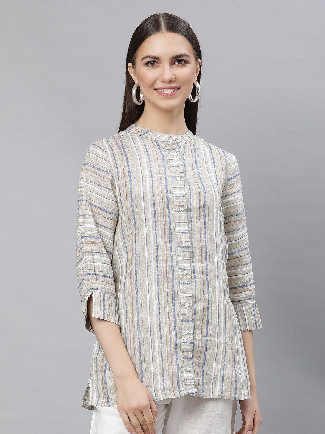 linen club woman vertical striped mandarin collar linen shirt style top