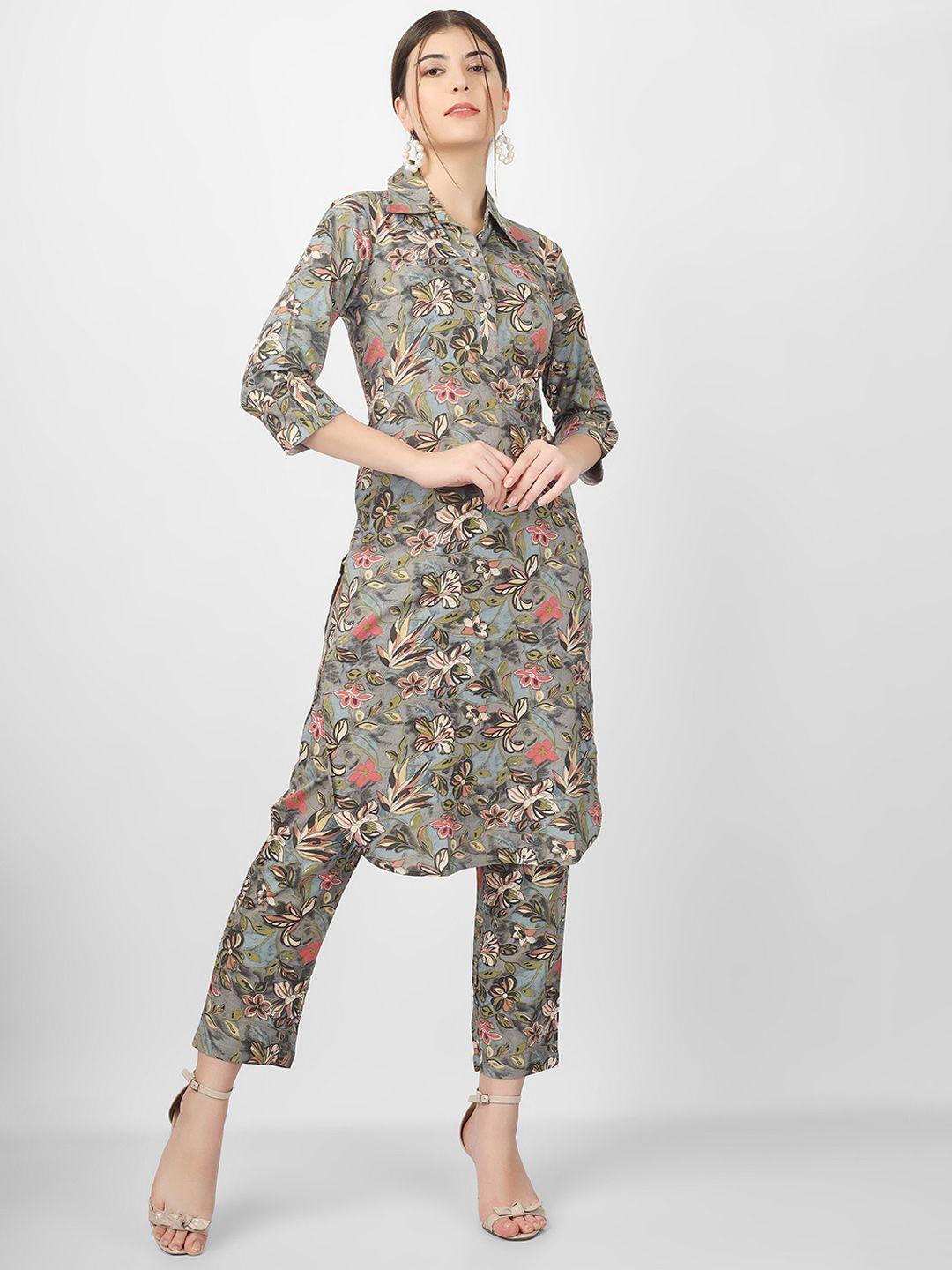 celebravo floral printed shirt collar kurta with trousers